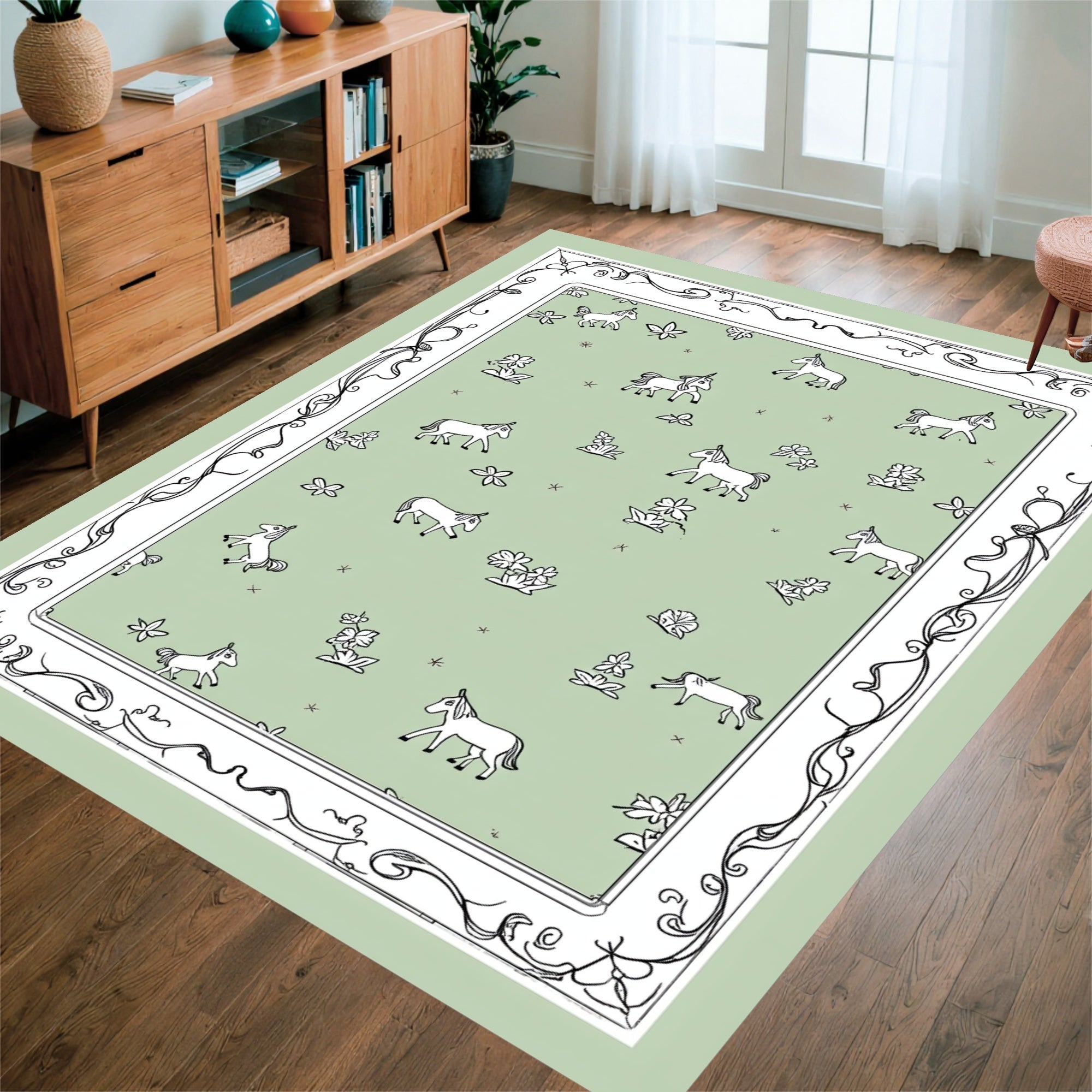 Whimsical Horse Floral Print Rug