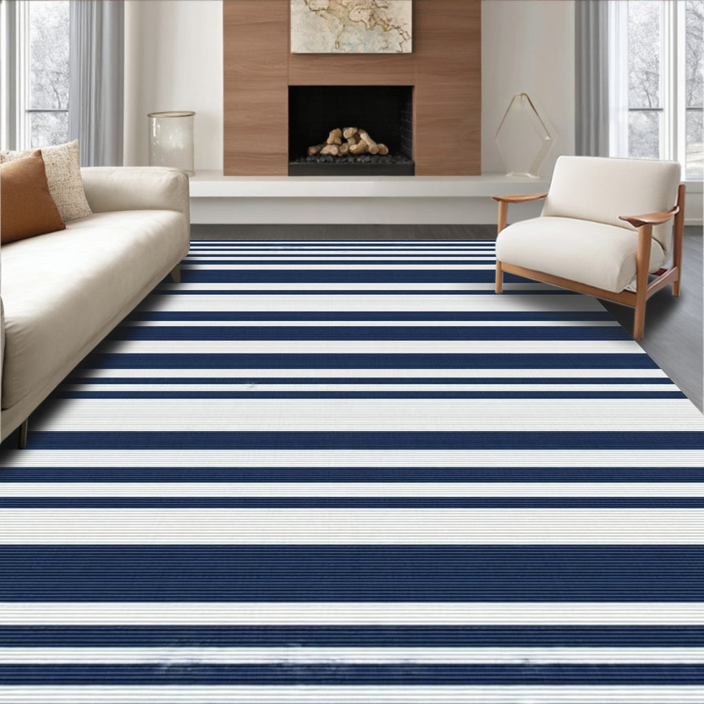 Classic Navy White Striped Design Rug