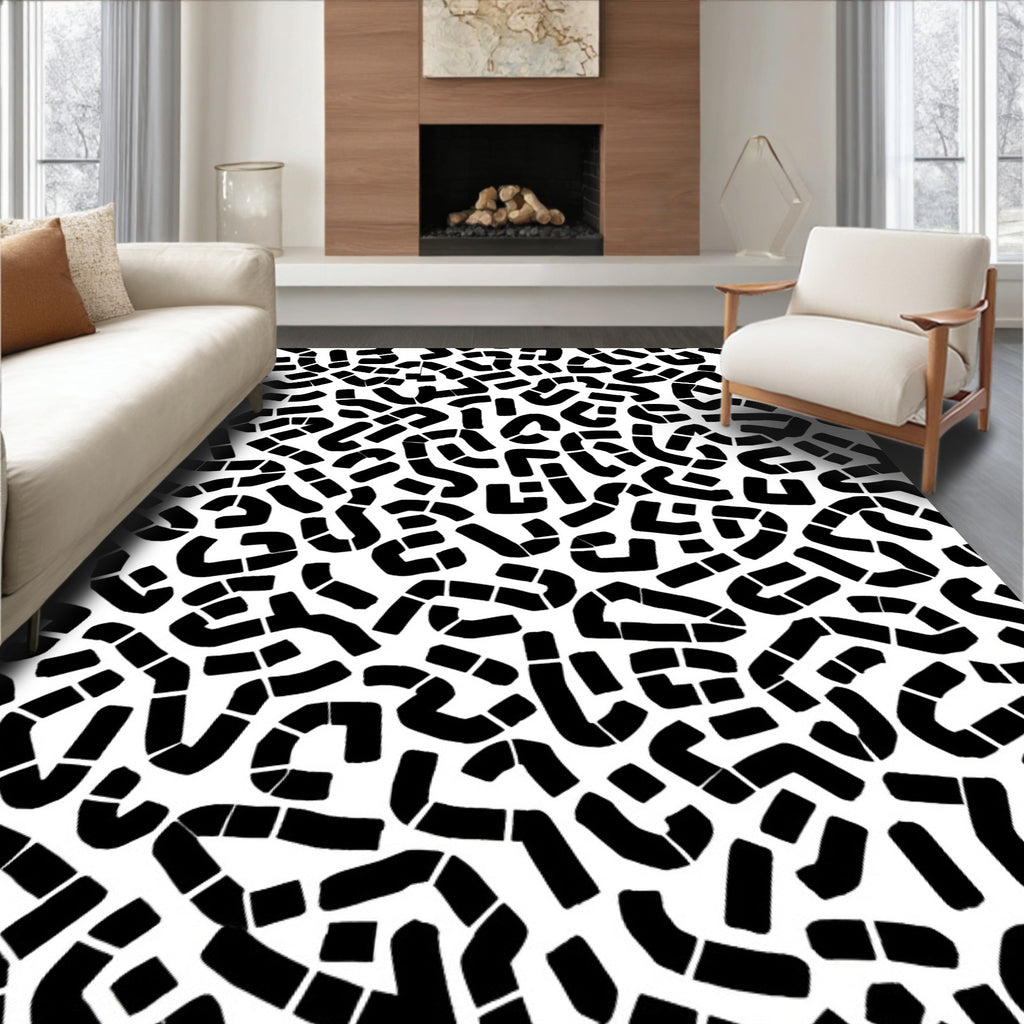 Black White Abstract Maze Pattern Rug