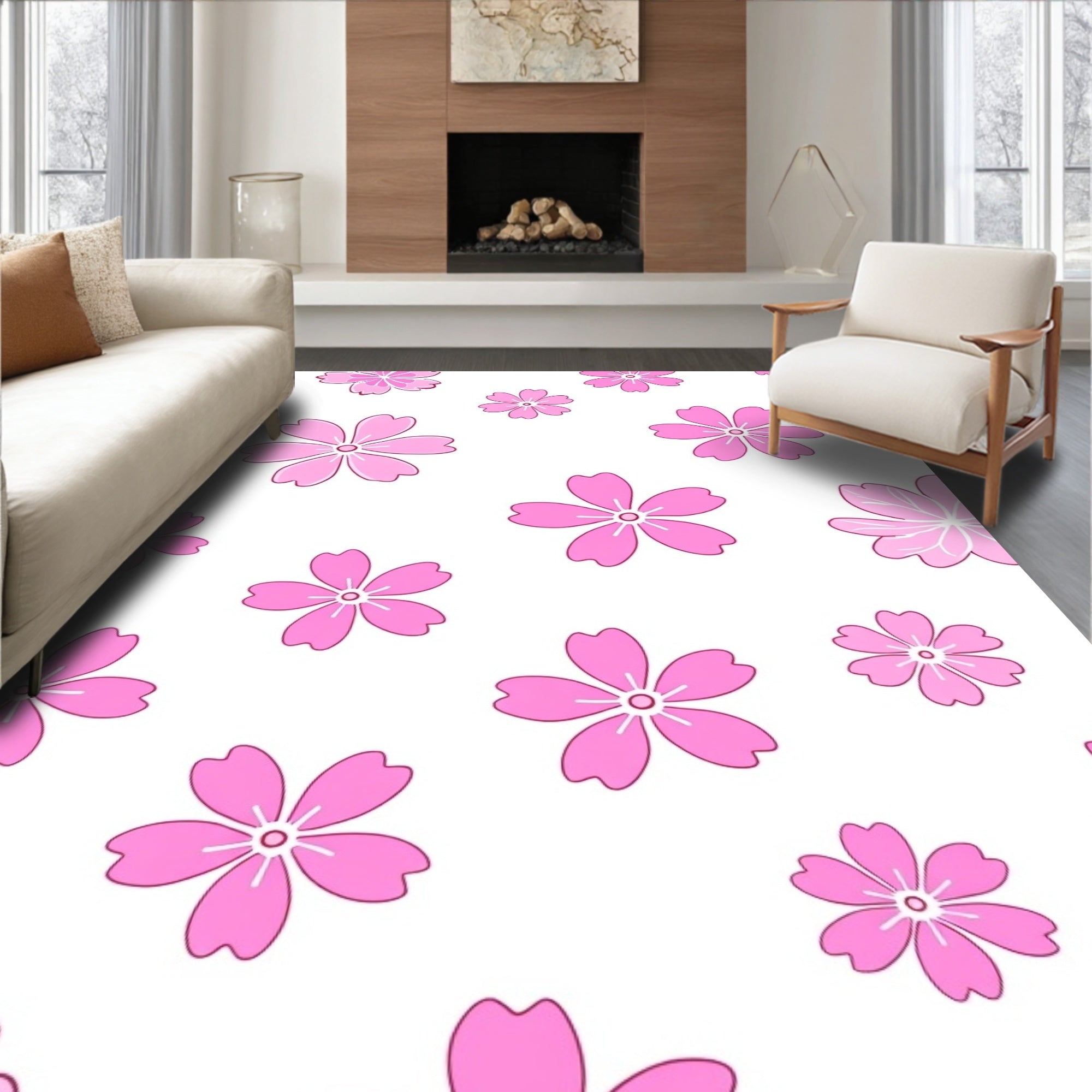 Pink Cherry Blossom Floral Pattern Rug