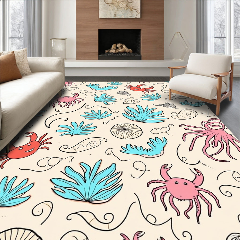 Whimsical Sea Creatures Coral Pattern Rug