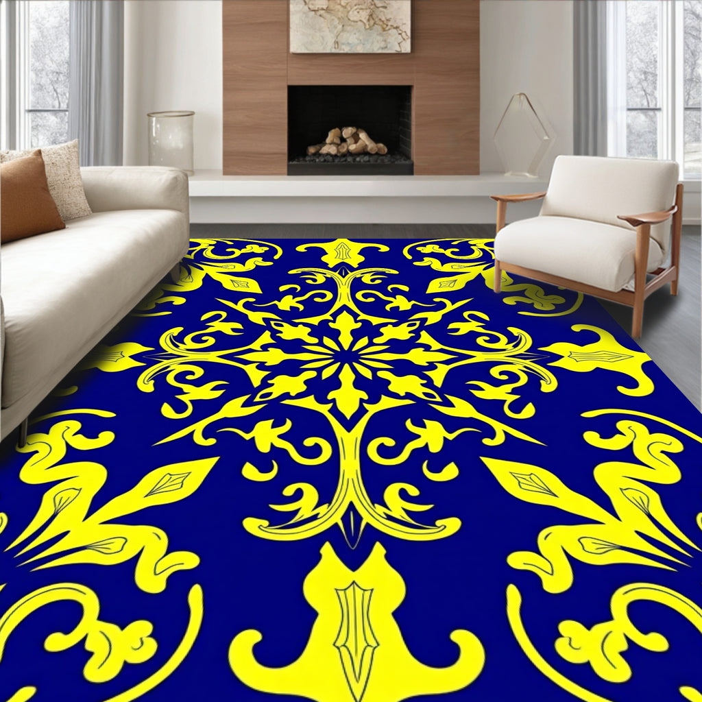 Bold Yellow Floral Blue Pattern Rug