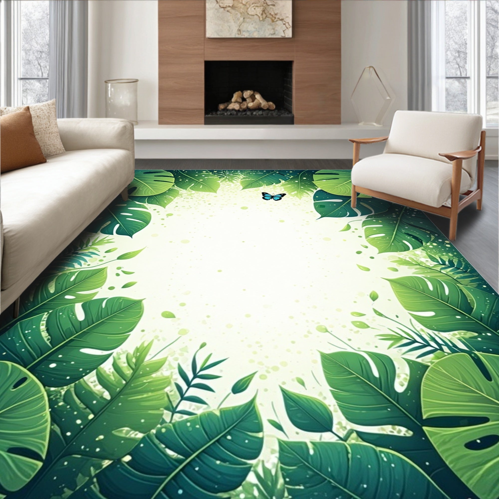 Lush Green Tropical Leaf Pattern Rug