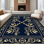 Regal Blue Gold Floral Scroll Rug
