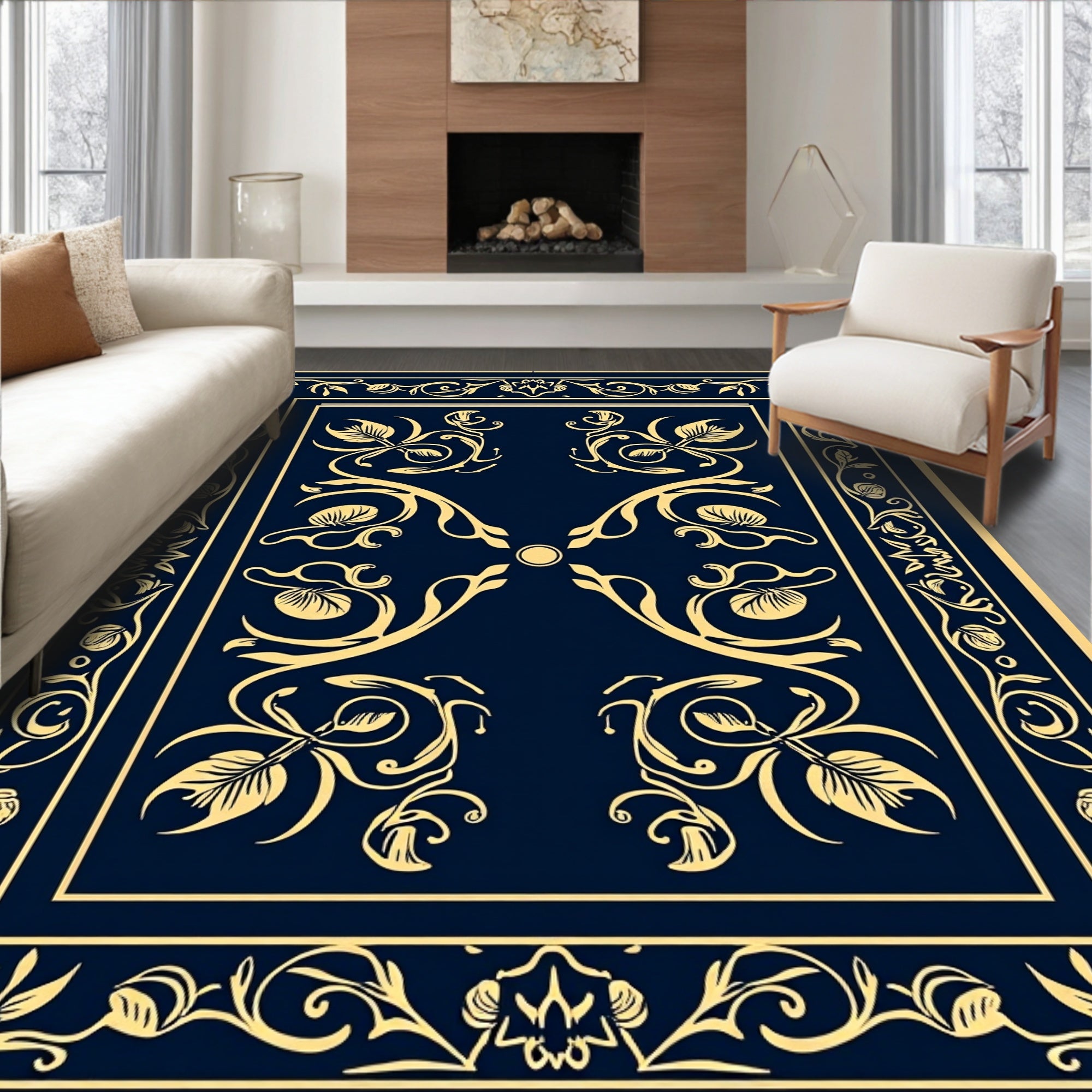 Regal Blue Gold Floral Scroll Rug