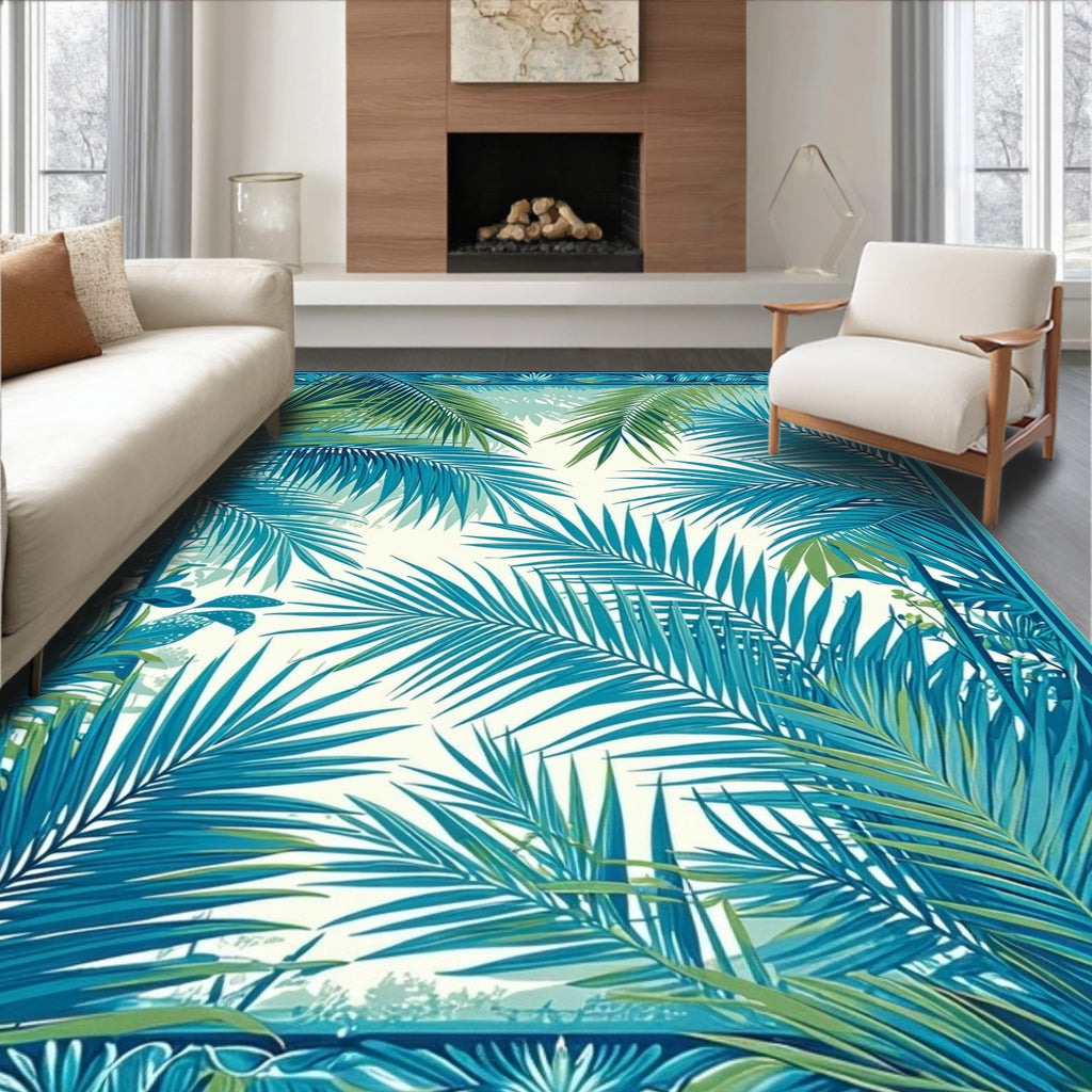 Tropical Palm Leaf Blue Green Design Rug