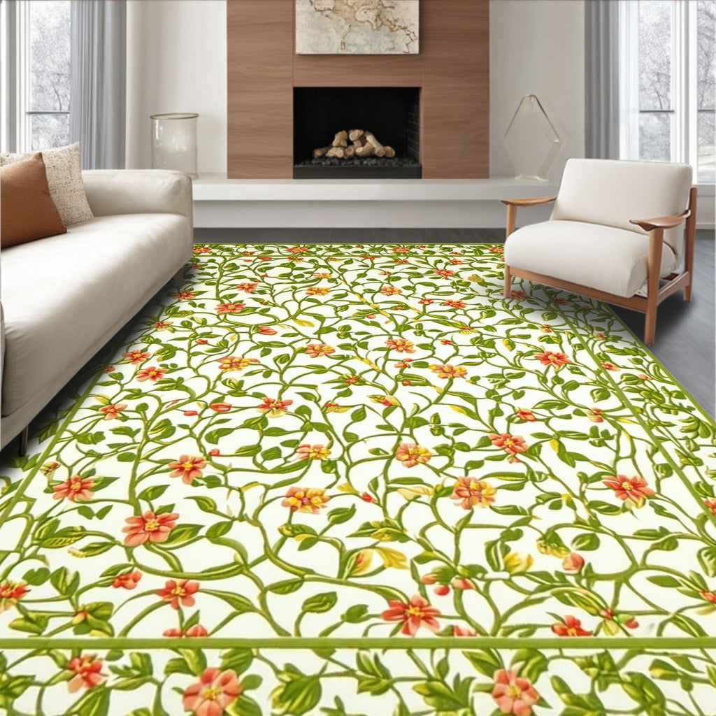 Vibrant Coral Green Floral Vine Pattern Rug