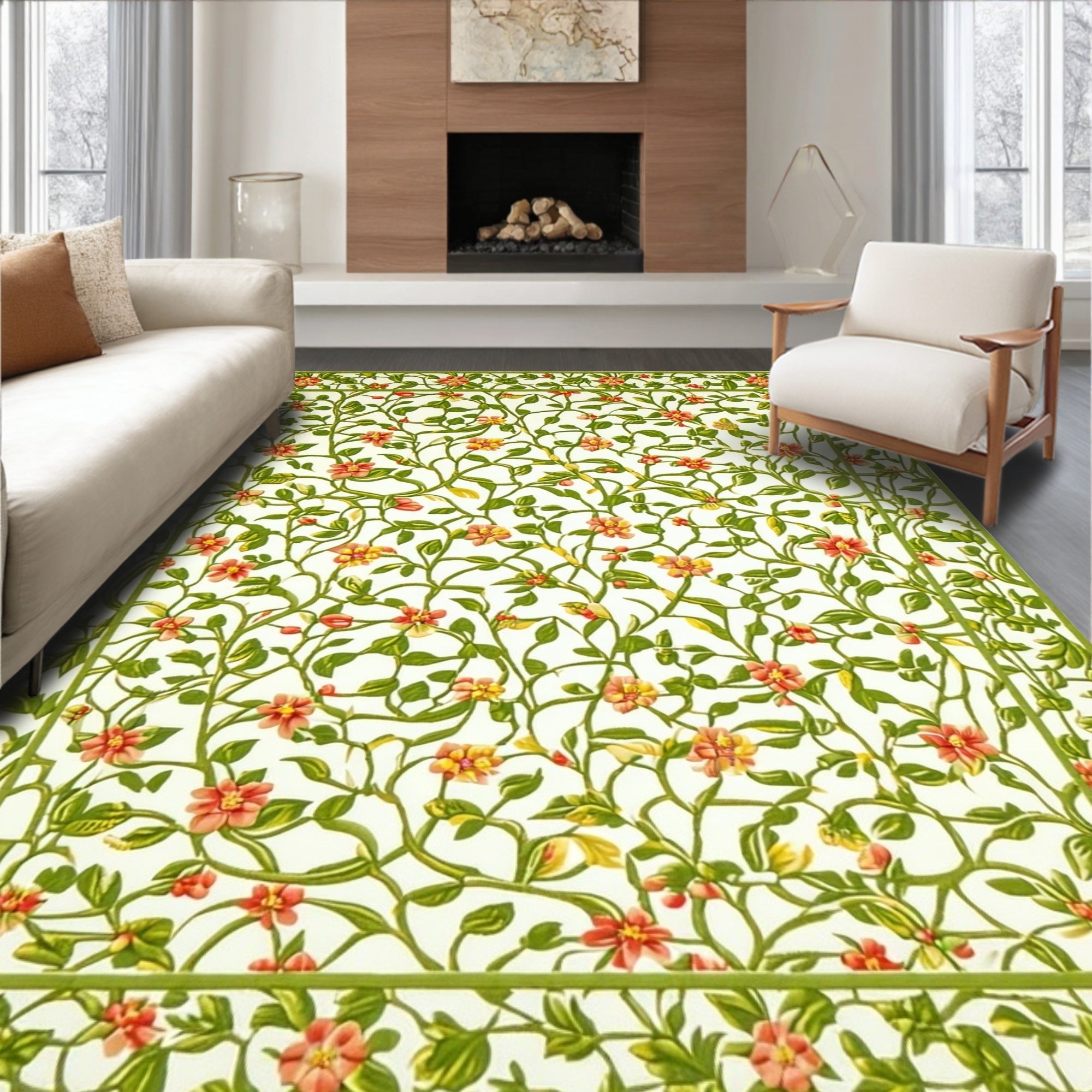 Vibrant Coral Green Floral Vine Pattern Rug