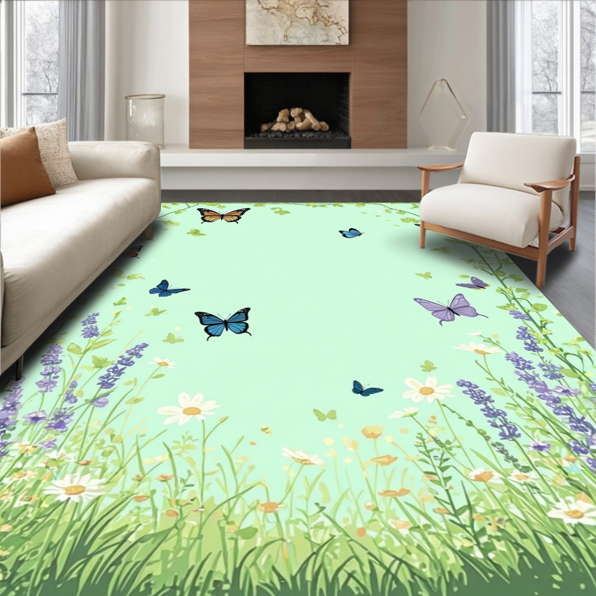 Whimsical Butterfly Garden Floral Design Rug