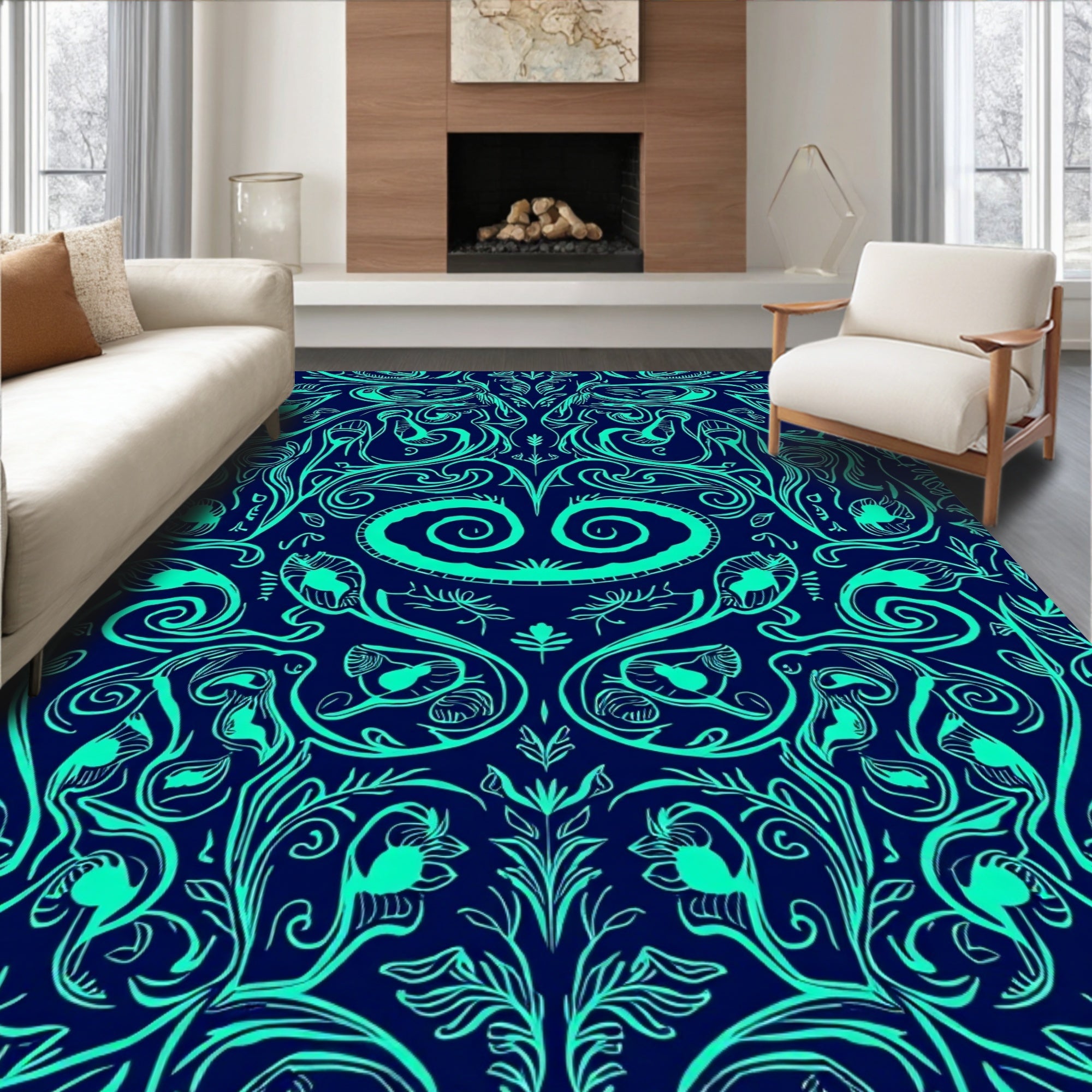 Turquoise Floral Swirls Pattern Rug