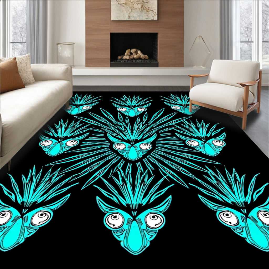 Striking Teal Black Abstract Portrait Pattern Rug