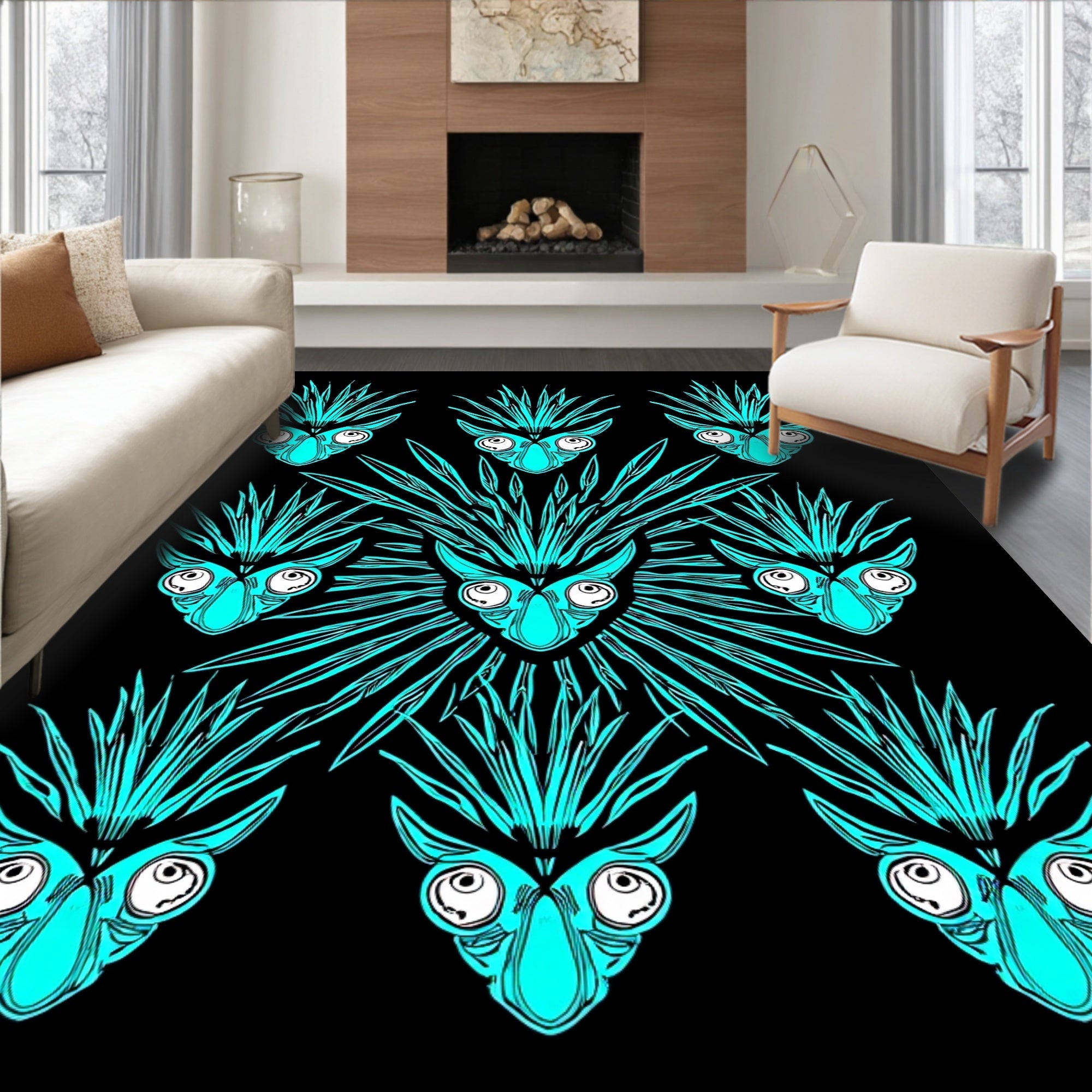 Striking Teal Black Abstract Portrait Pattern Rug