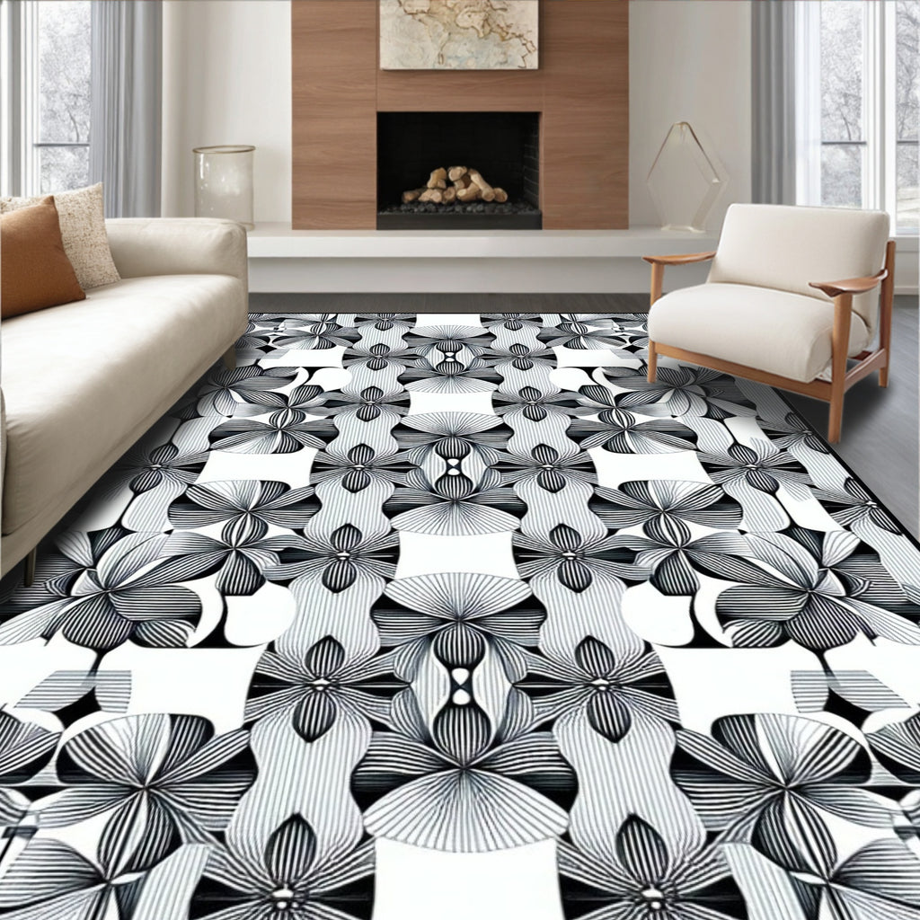 Symmetrical Floral Line Art Rug