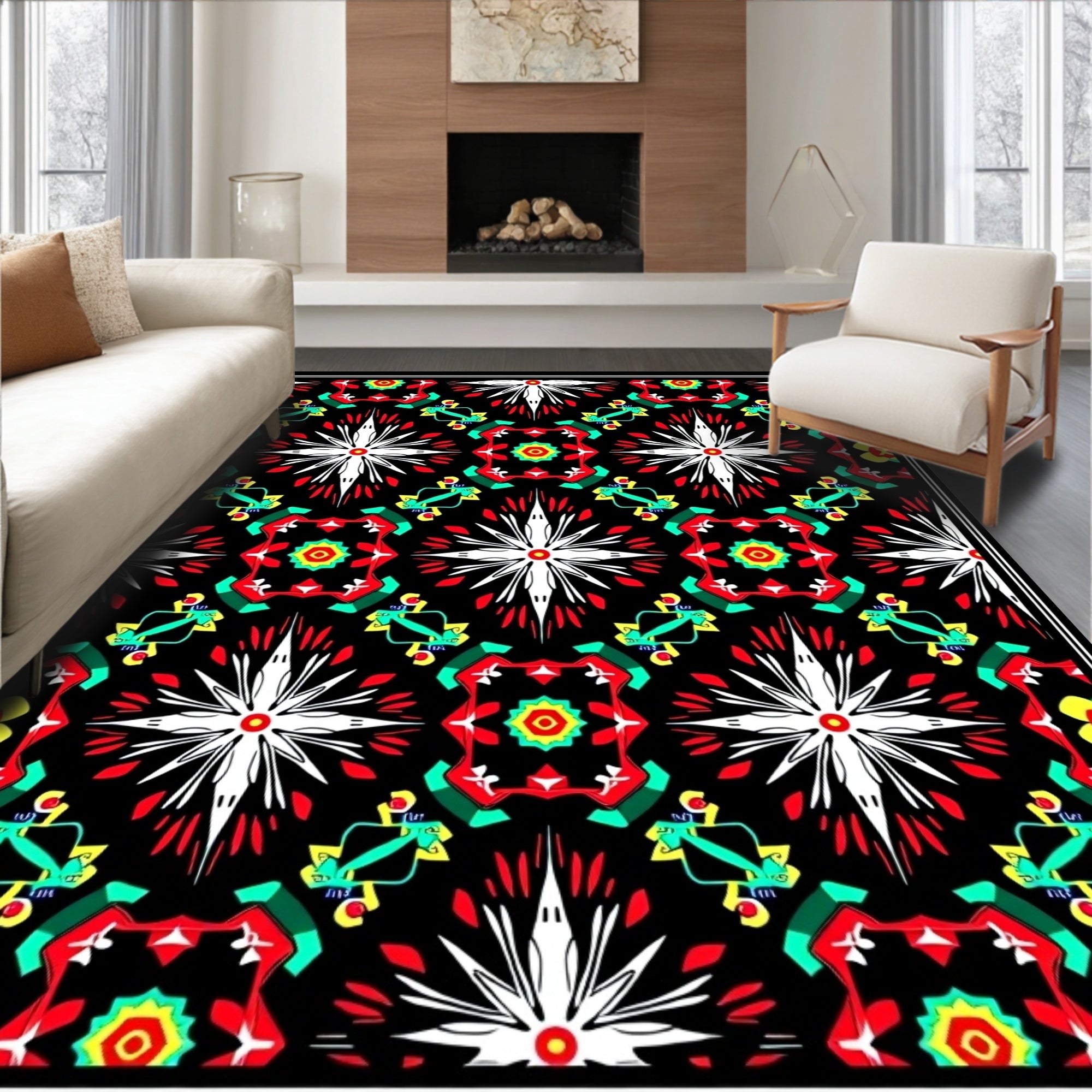 Bold Black Red White Geometric Medallion Rug