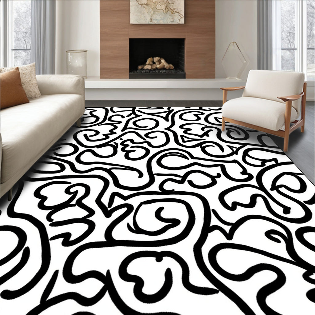 Abstract Black White Swirls Pattern Rug