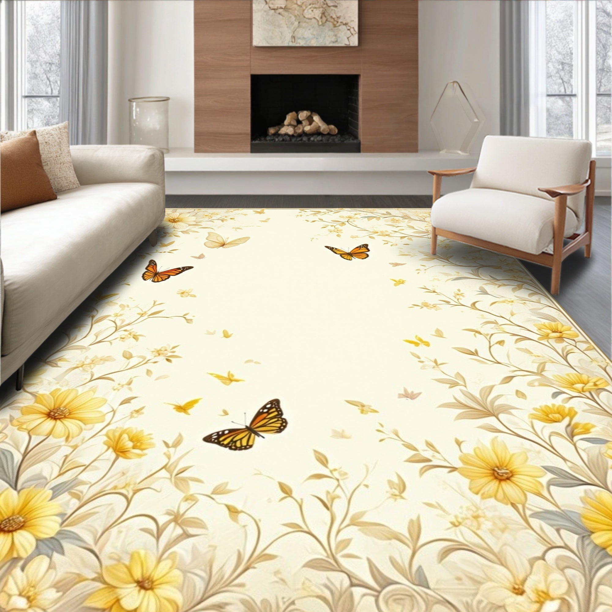 Botanical Butterfly Floral Pattern Design Rug