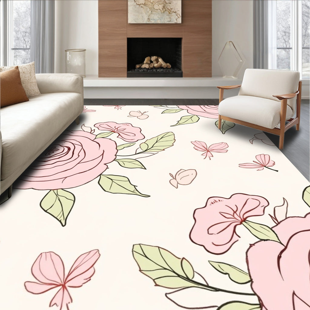 Pink Floral Butterflies Blossoms Print Rug