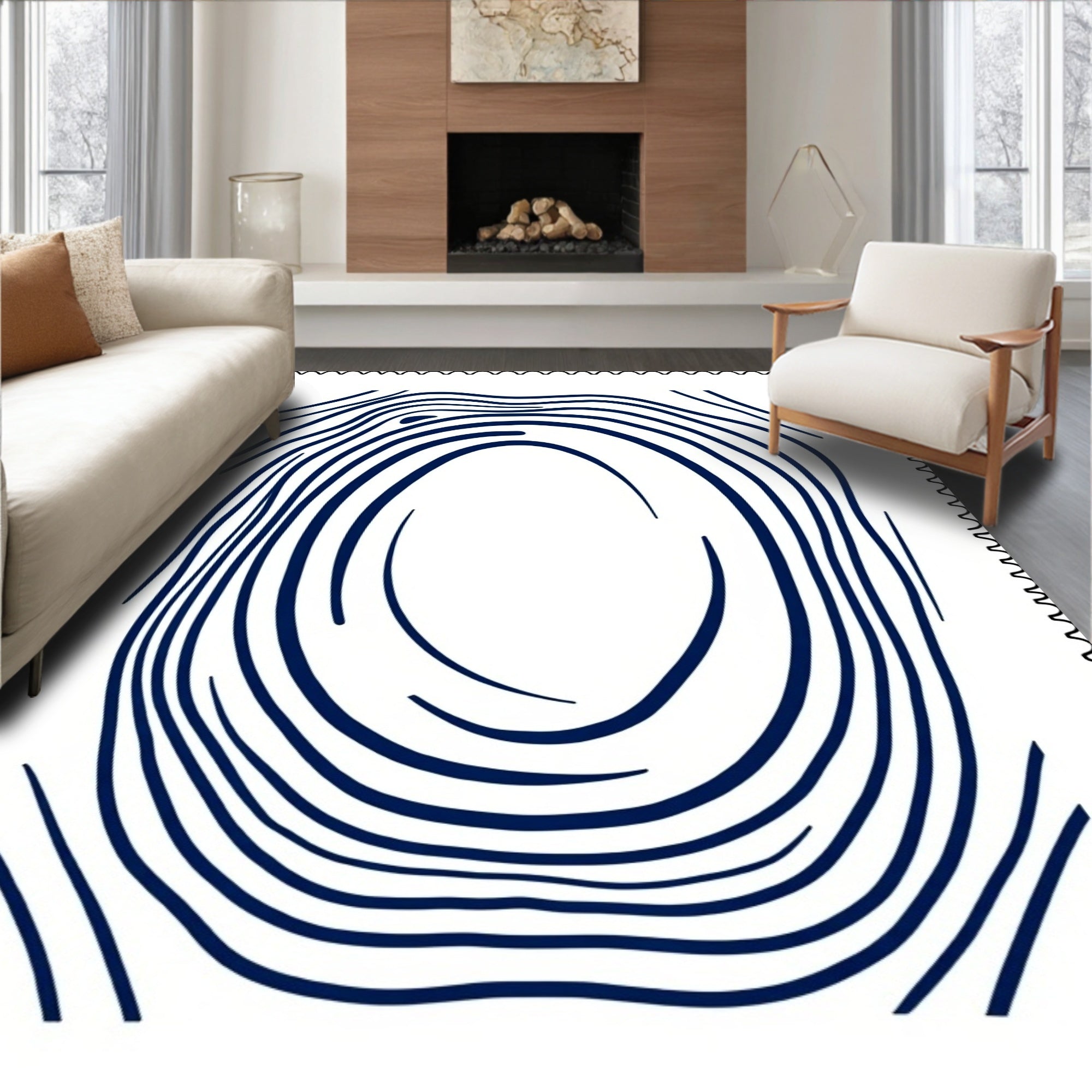 Navy Blue Abstract Swirl Oval Rug