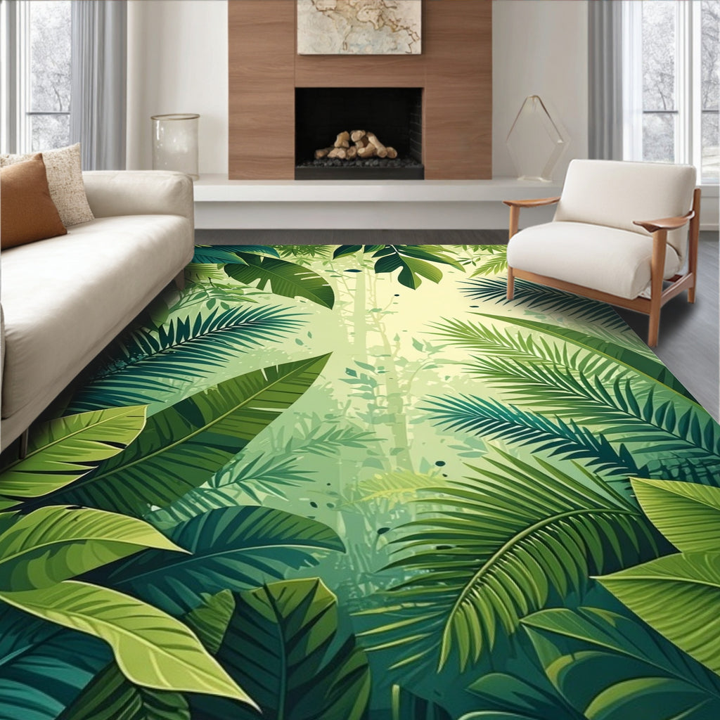 Lush Tropical Jungle Leaf Pattern Rug