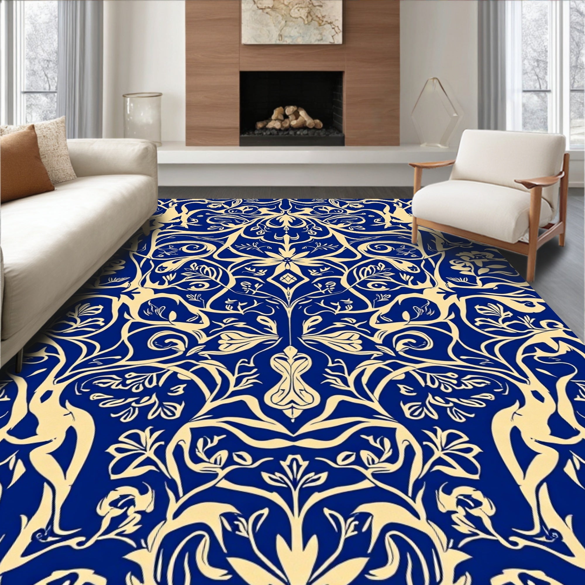 Abstract Blue and Gold Decorative Pattern Rug