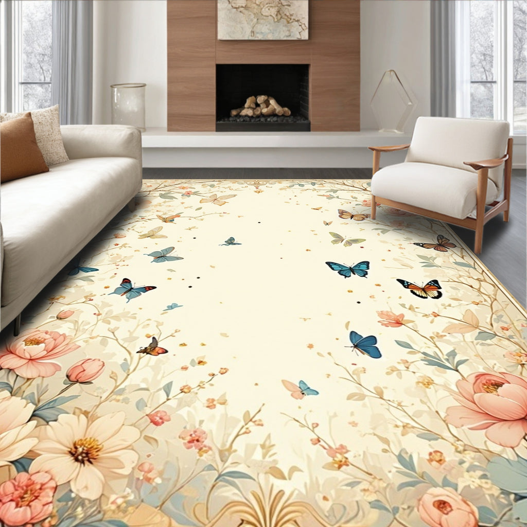 Whimsical Floral Butterfly Garden Design Rug