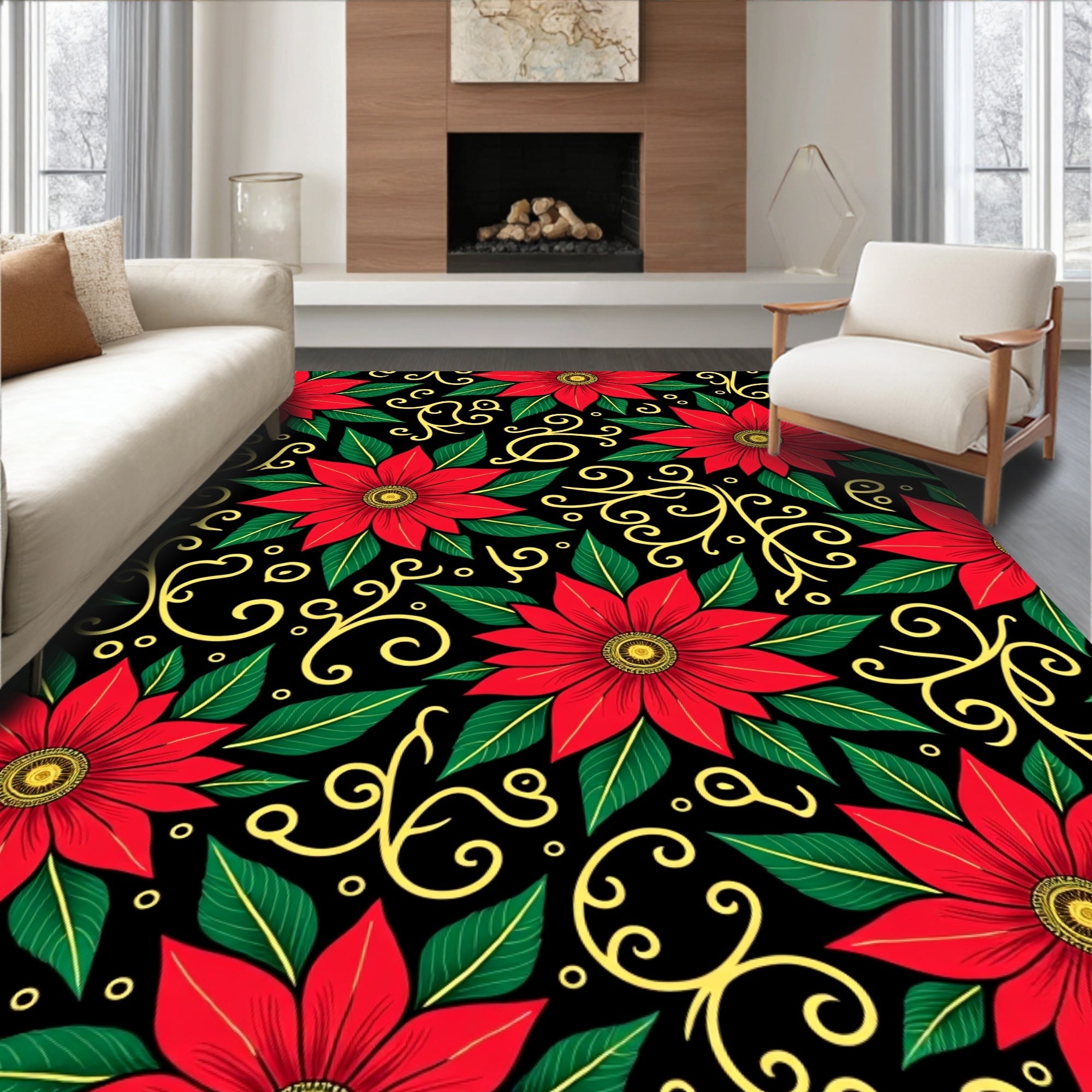 Crimson Floral Swirl Foliage Rug