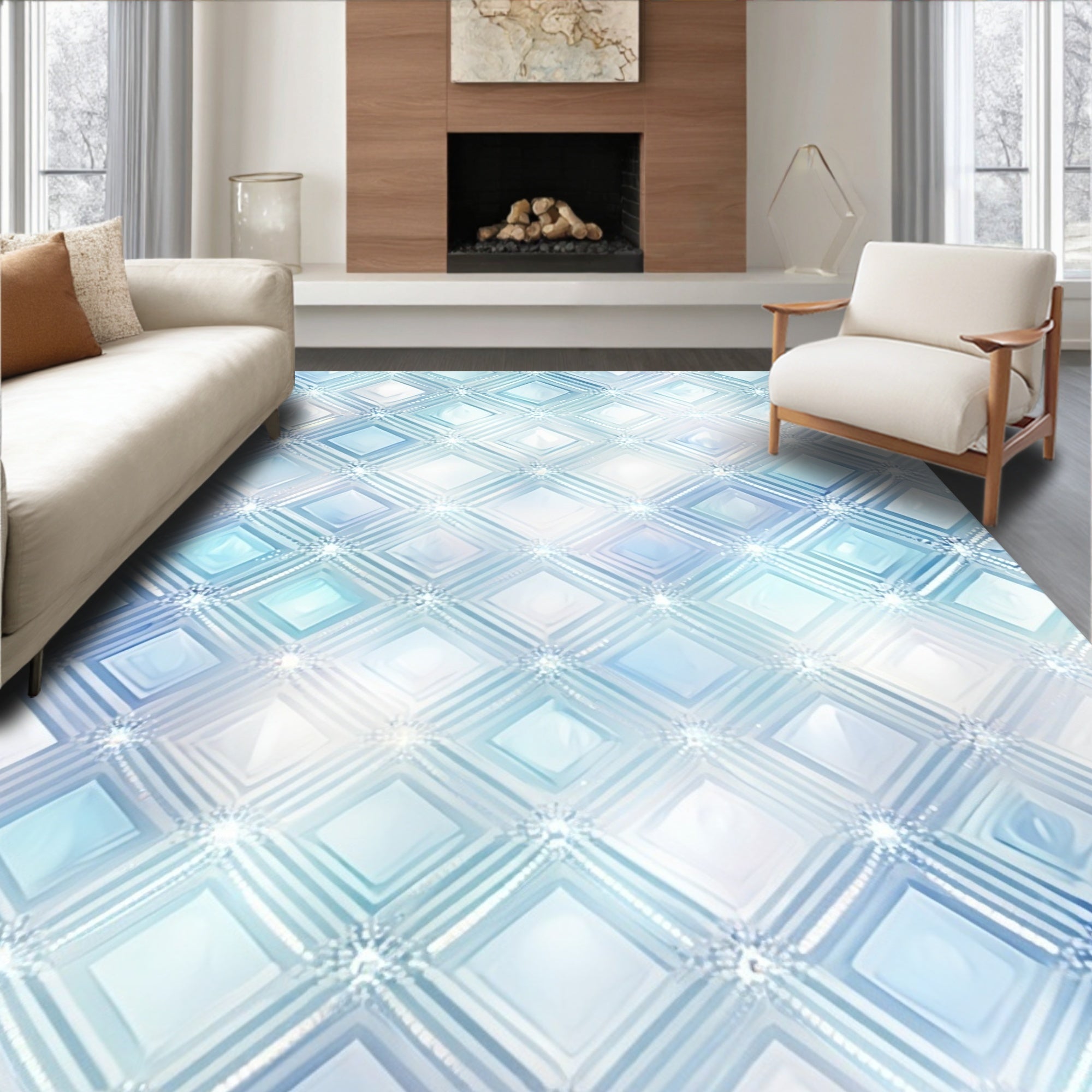 Pale Blue Diamond Quilted Pattern Rug
