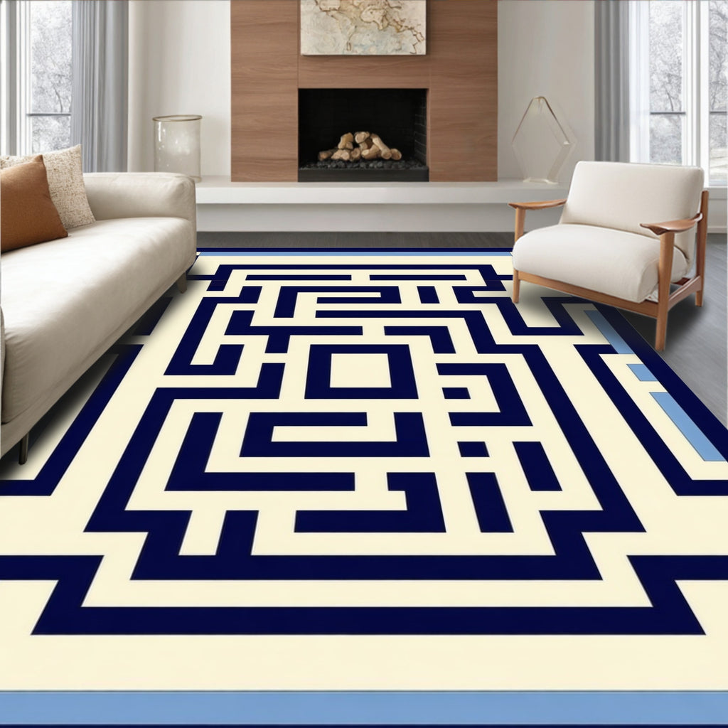 Navy and Cream Maze Pattern Rug