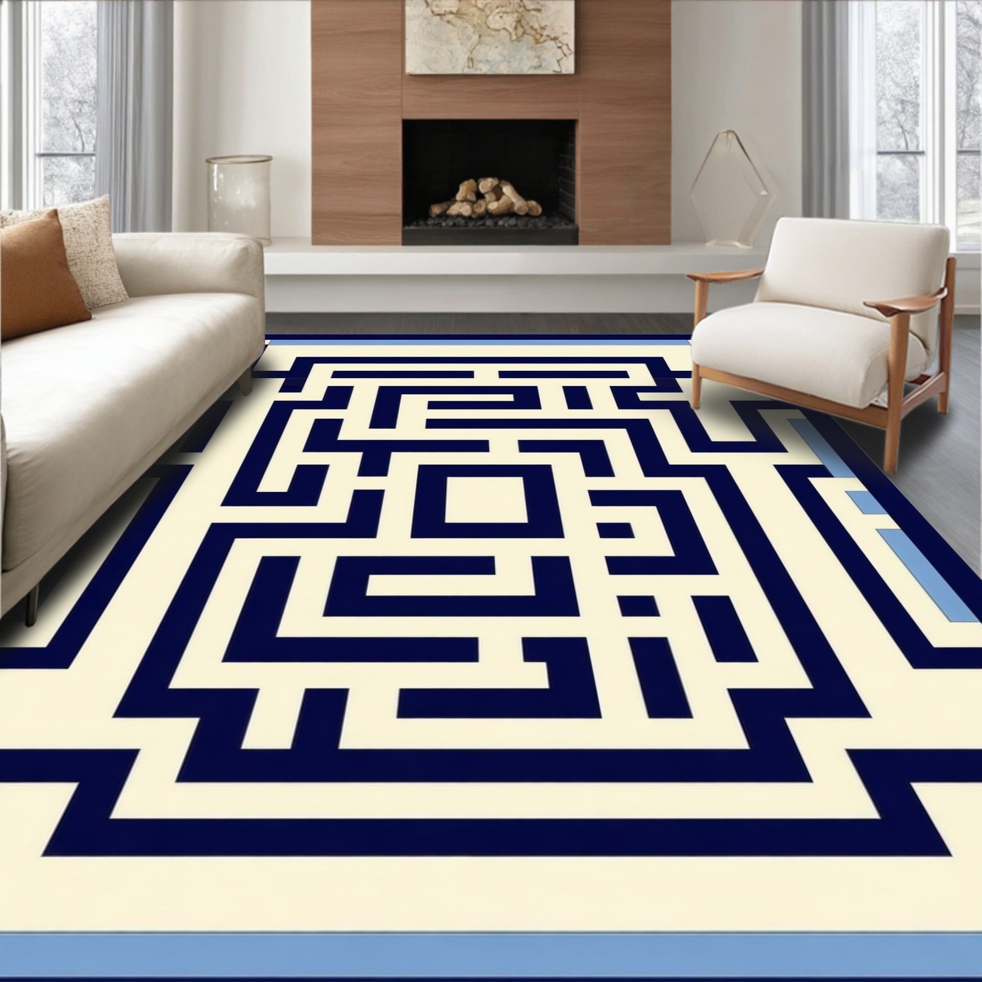 Navy and Cream Maze Pattern Rug