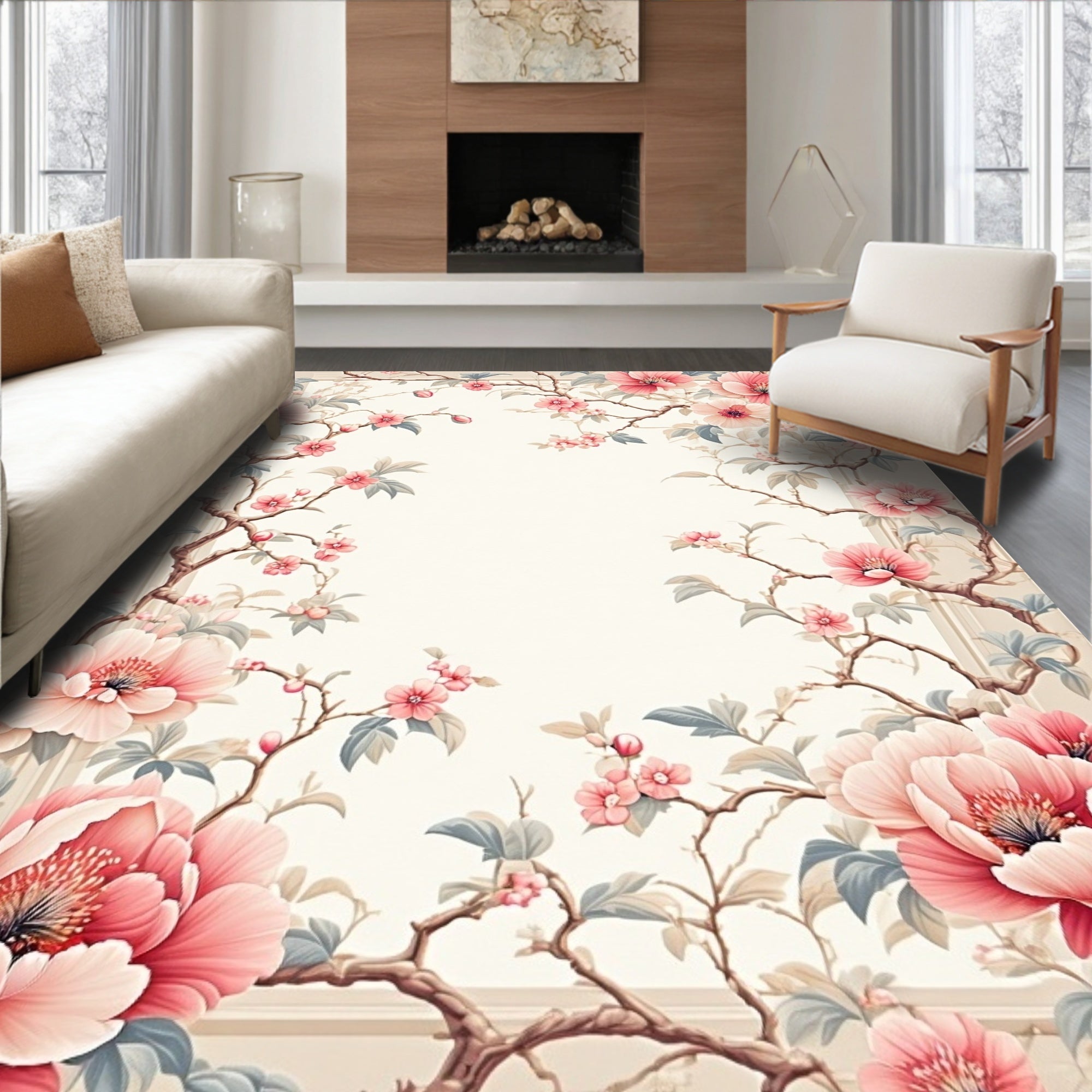 Elegant Pink Floral Branch Pattern Rug