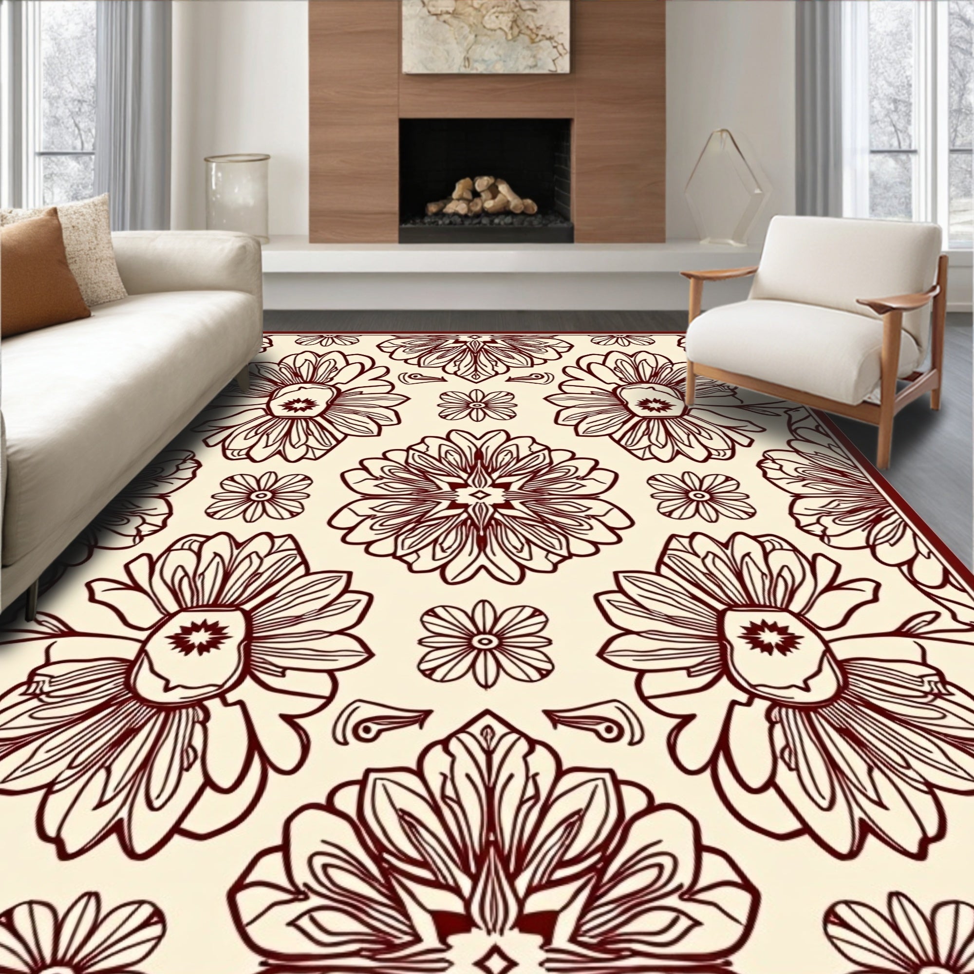 Cream Floral Motif With Border Design Rug