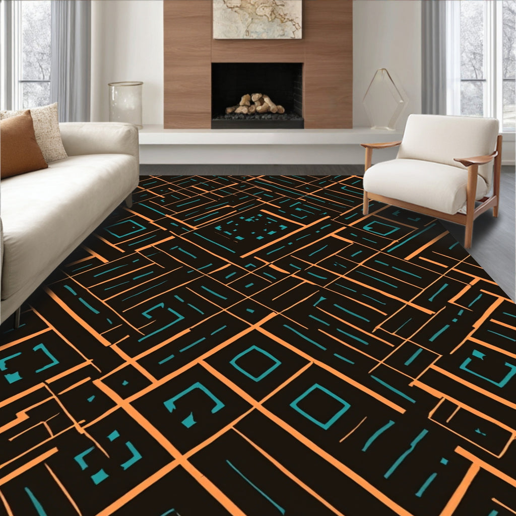 Geometric Tribal Orange Turquoise Pattern Rug