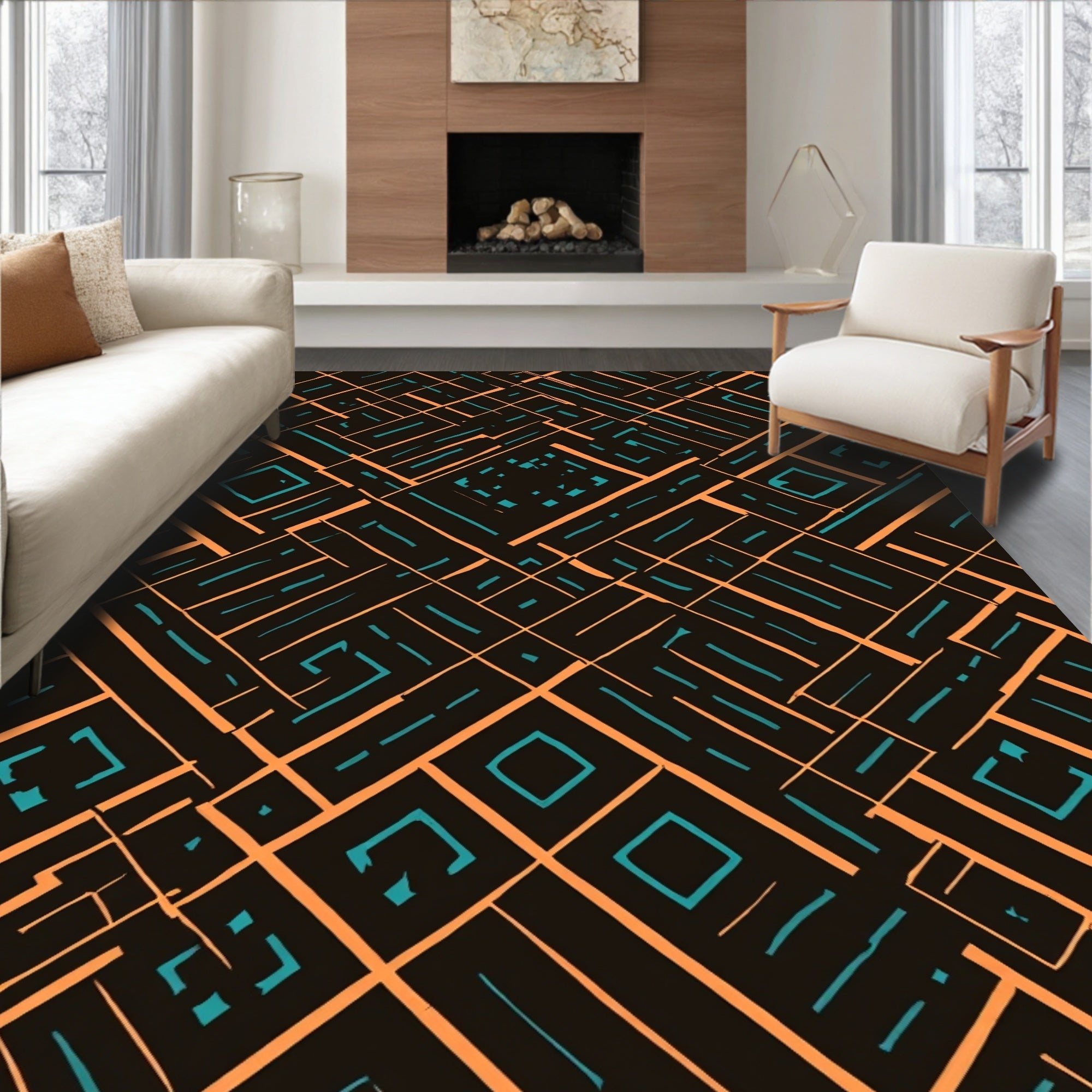 Geometric Tribal Orange Turquoise Pattern Rug