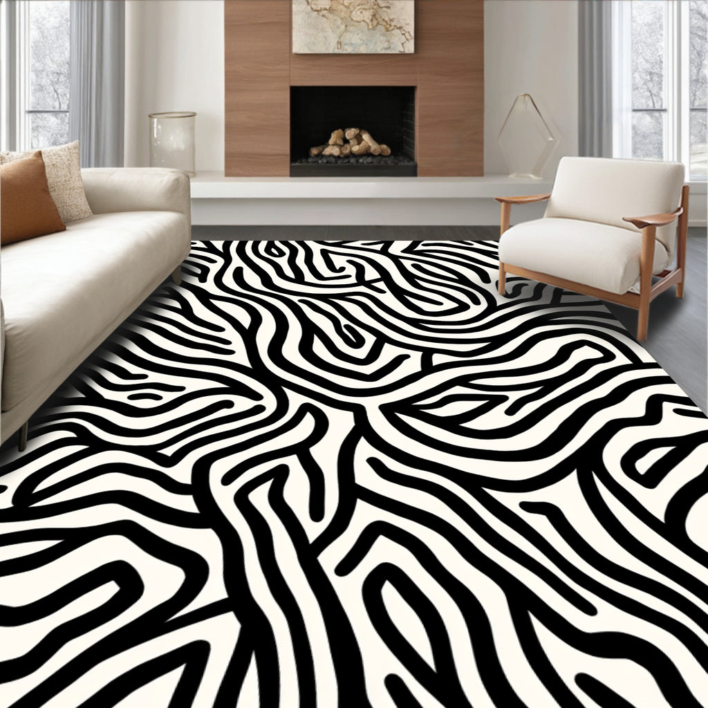 Abstract Black White Maze Design Rug