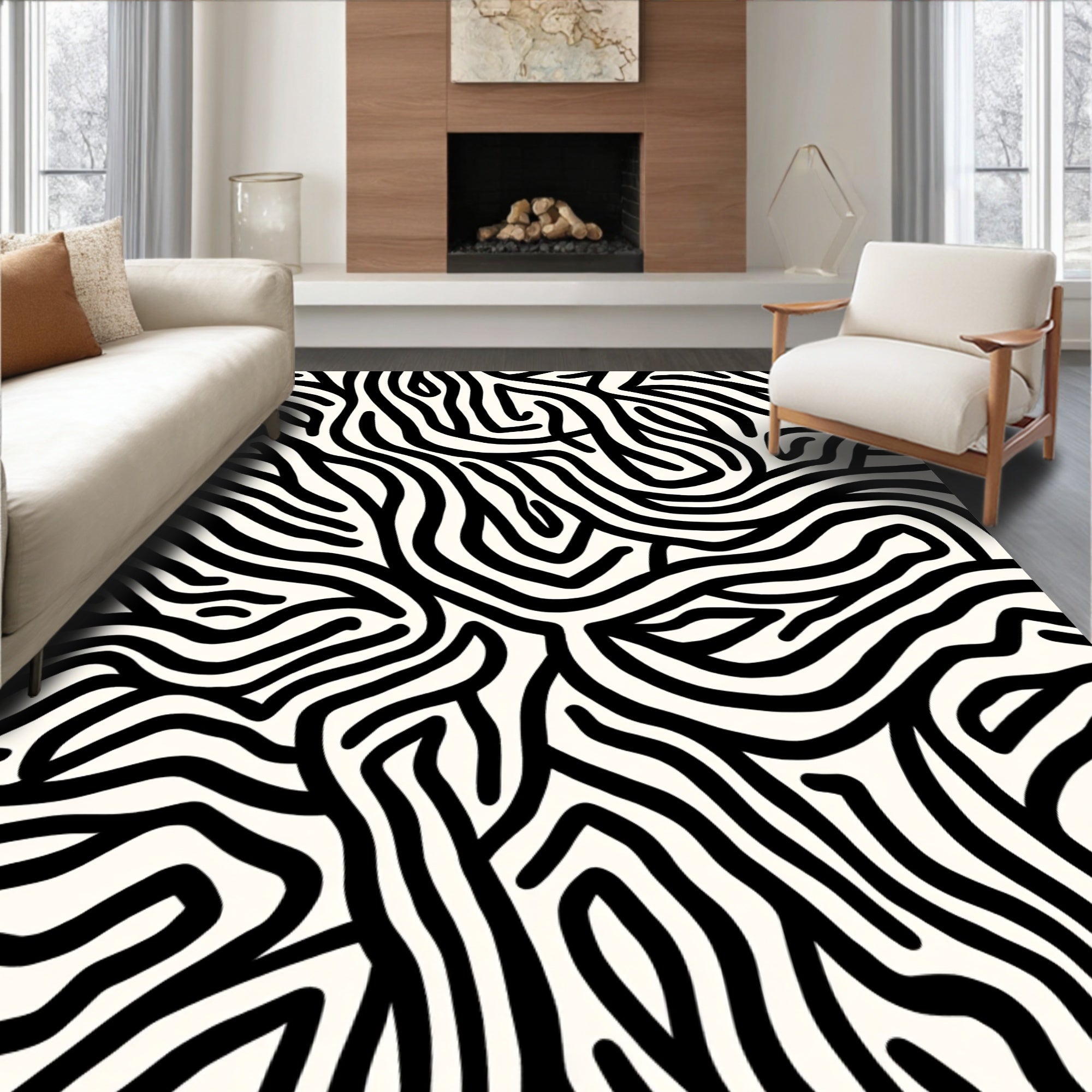 Abstract Black White Maze Design Rug