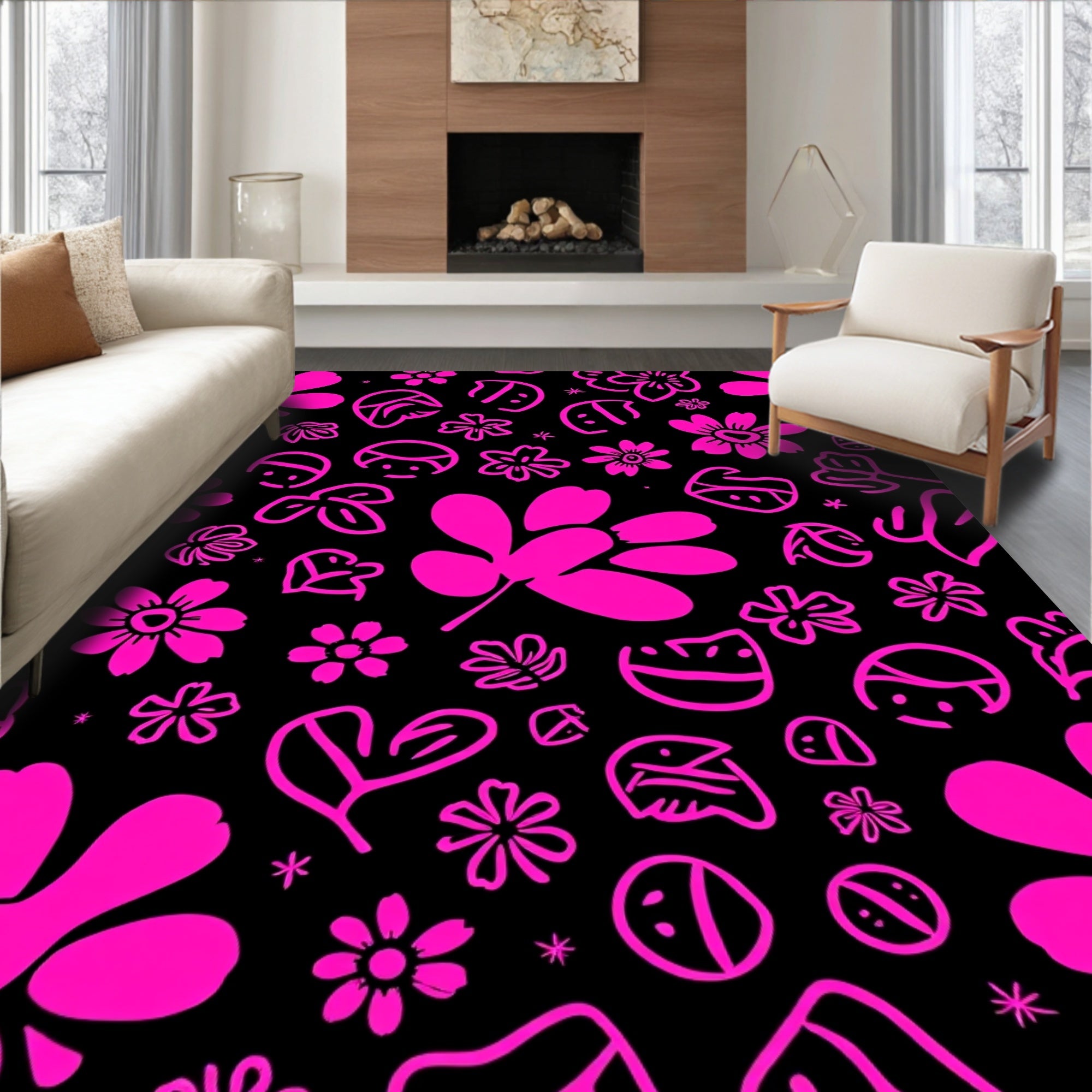 Pink Floral Fun Line Art Rug