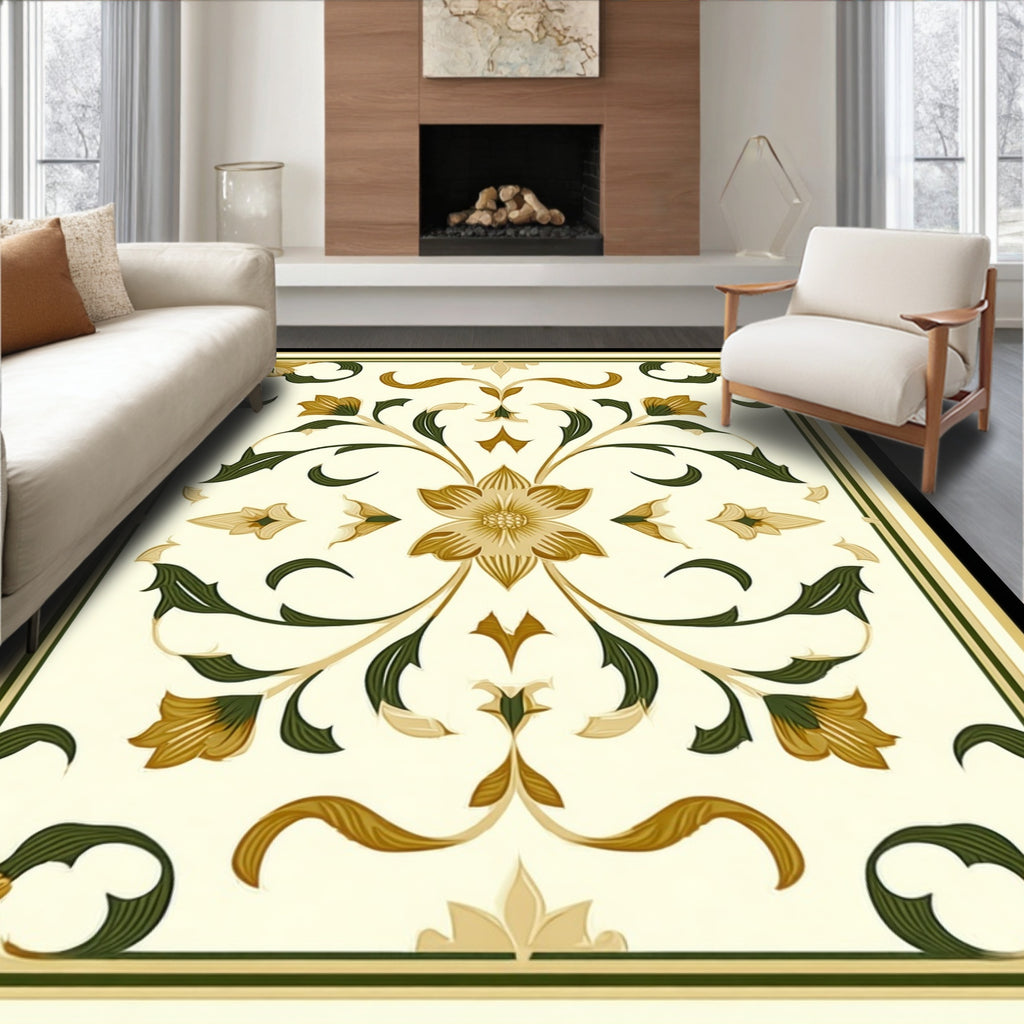 Cream Gold Green Floral Pattern Rug
