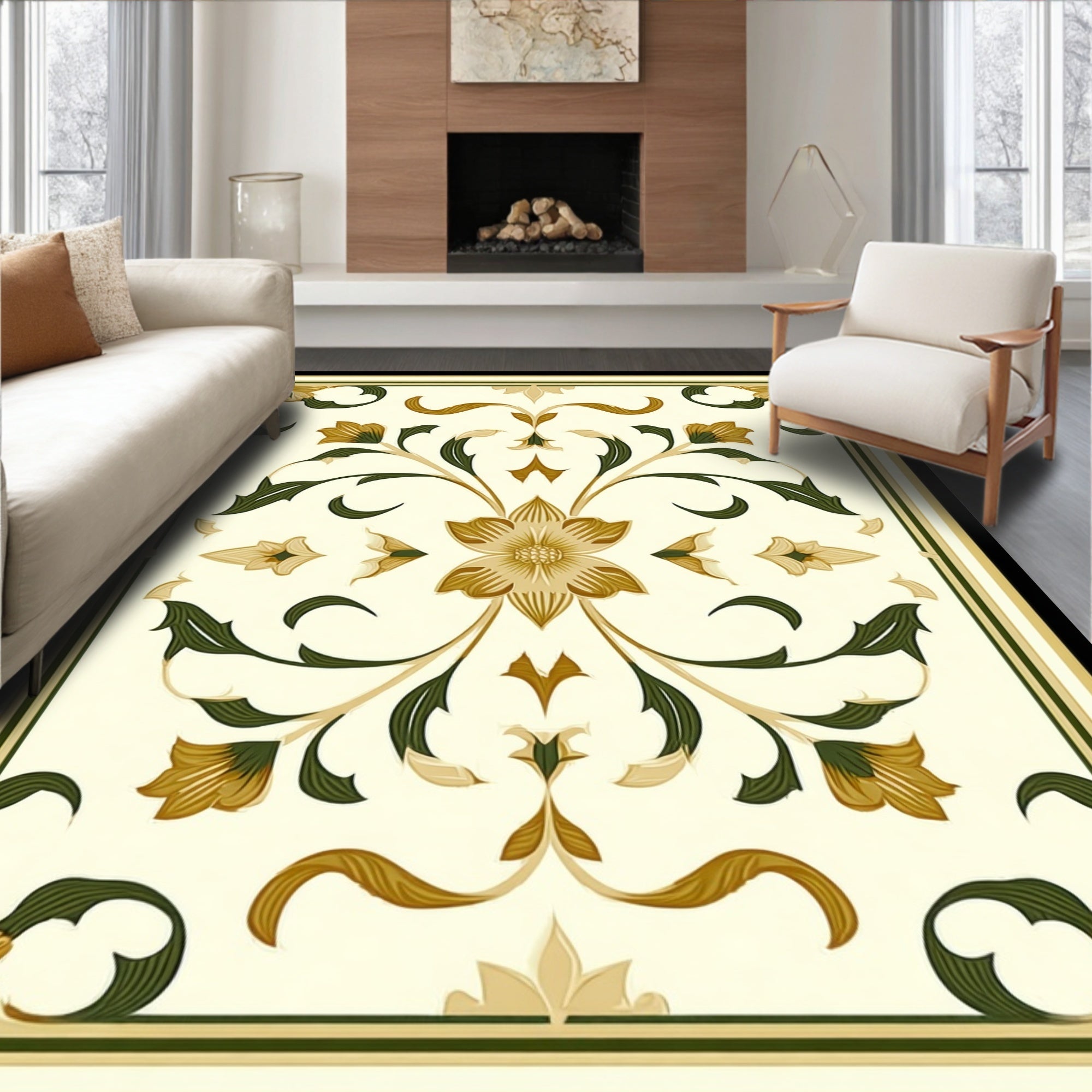 Cream Gold Green Floral Pattern Rug