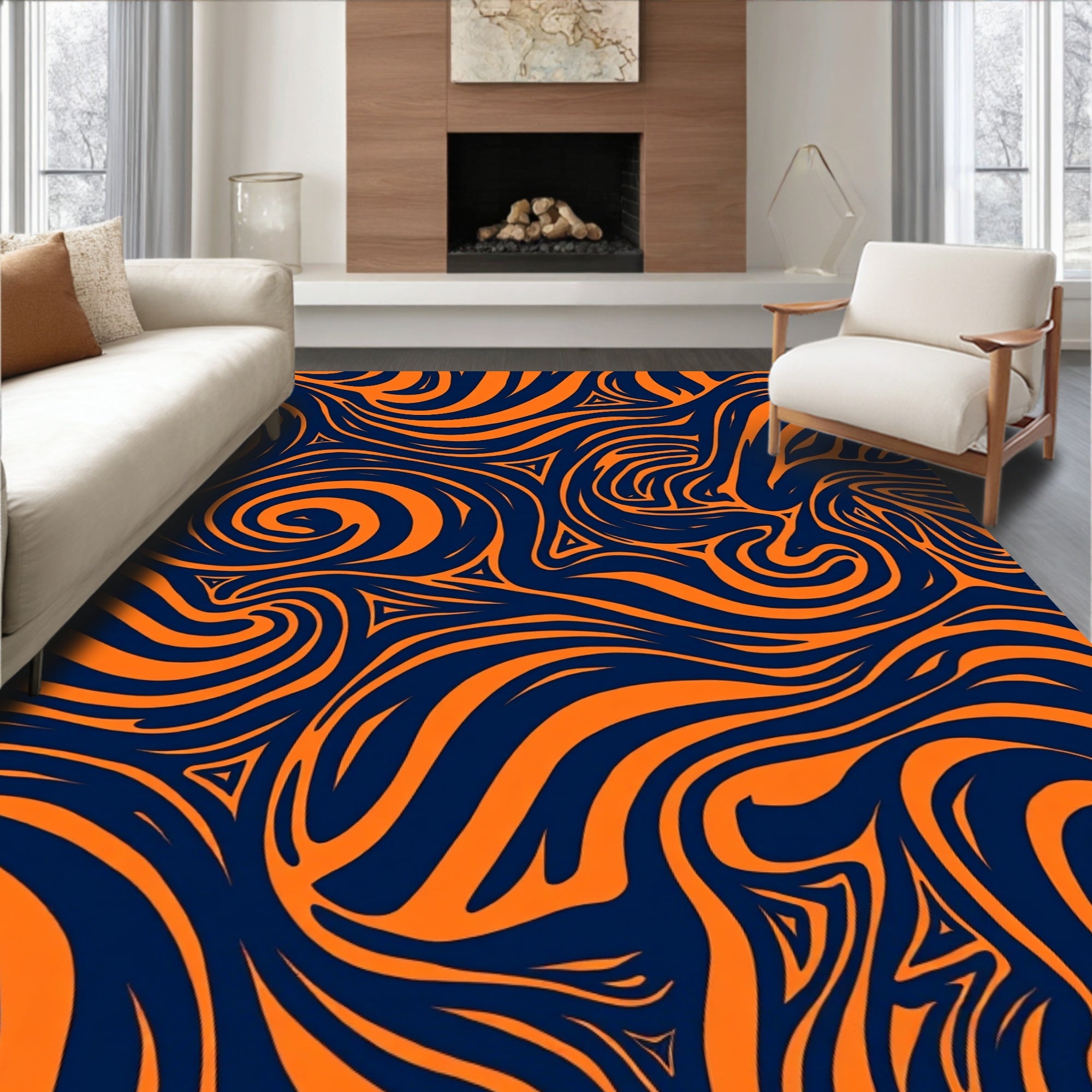 Dynamic Swirls Orange and Navy Pattern Rug