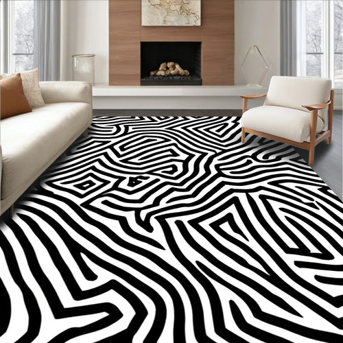 Abstract Black White Maze Pattern Rug