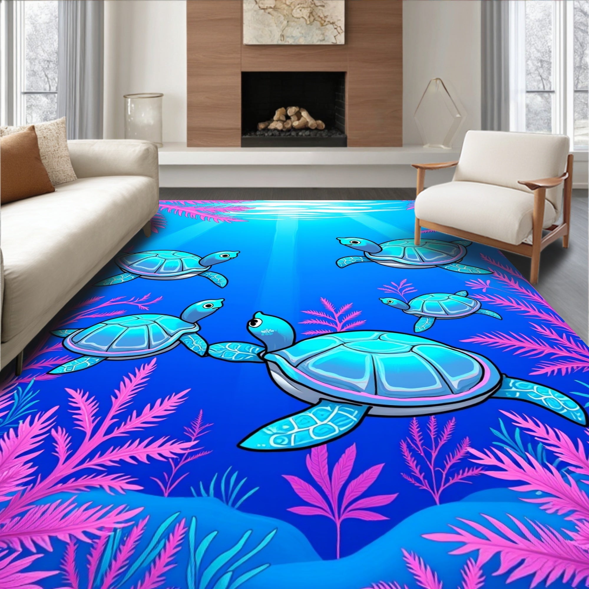 Cute Teal Turtles Coral Reef Design Rug