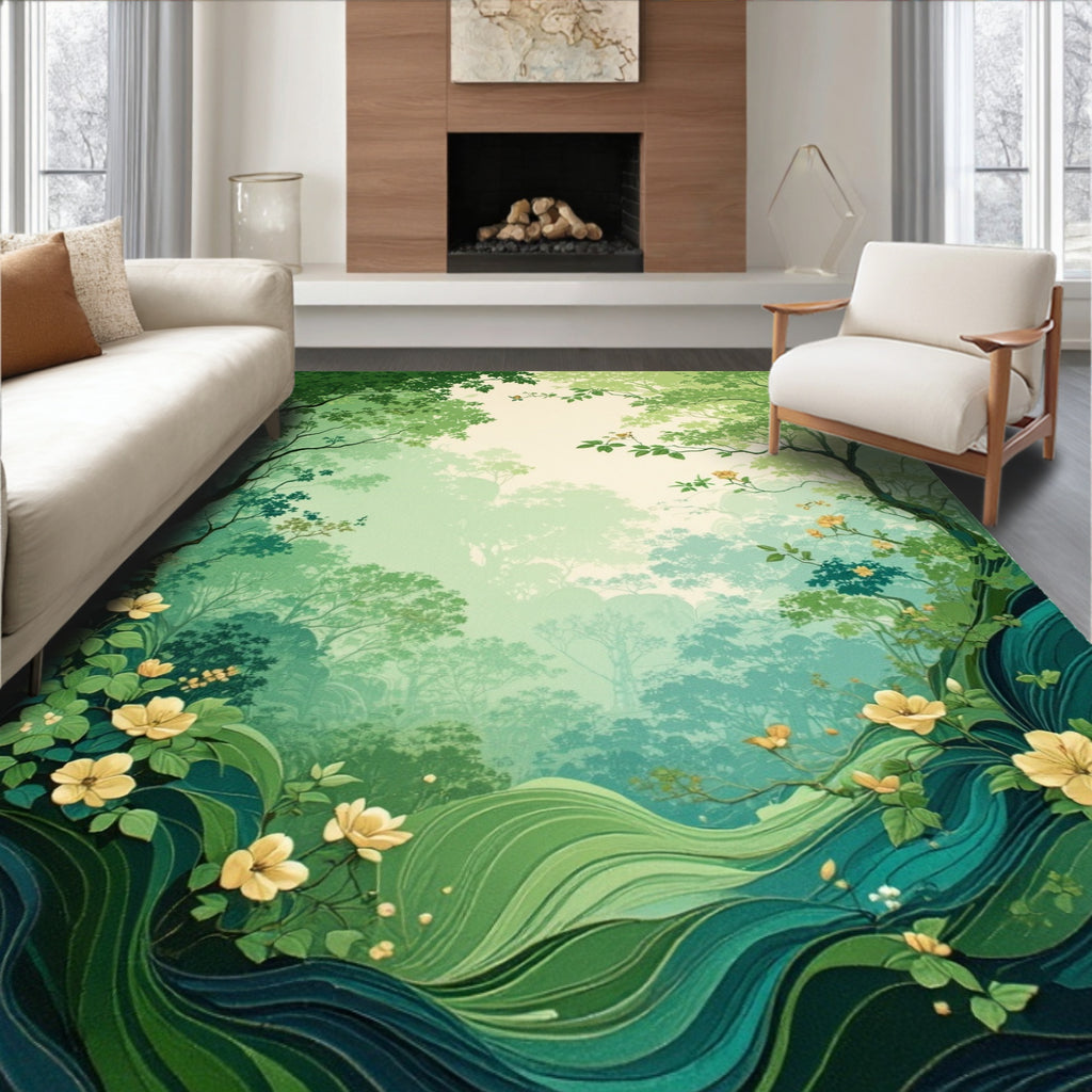 Whimsical Floral Forest Scene Rug
