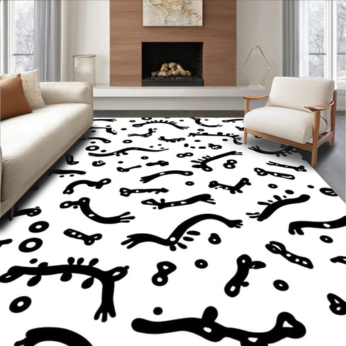 Abstract Organic Shapes Black And White Pattern Rug