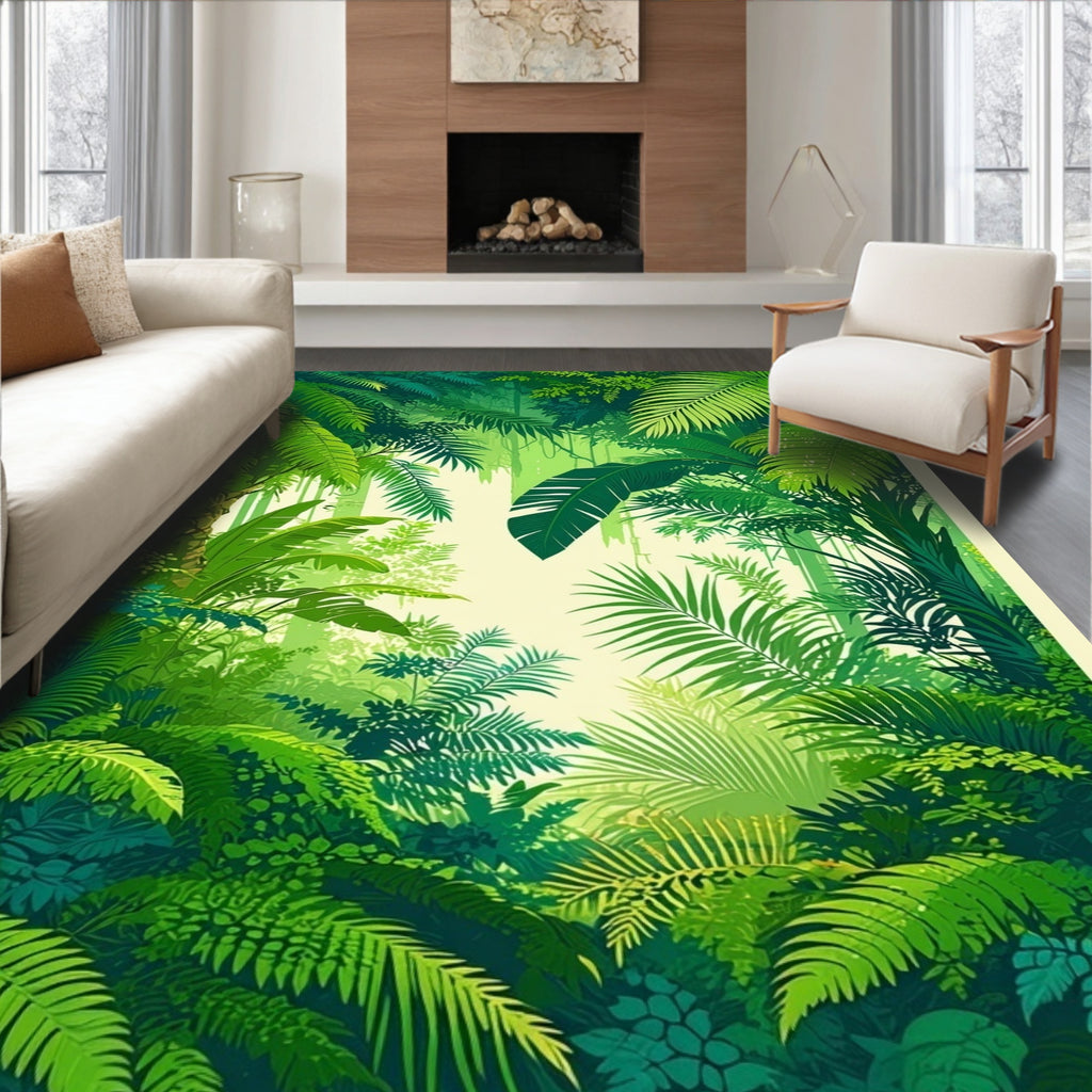 Lush Tropical Forest Leafy Pattern Rug