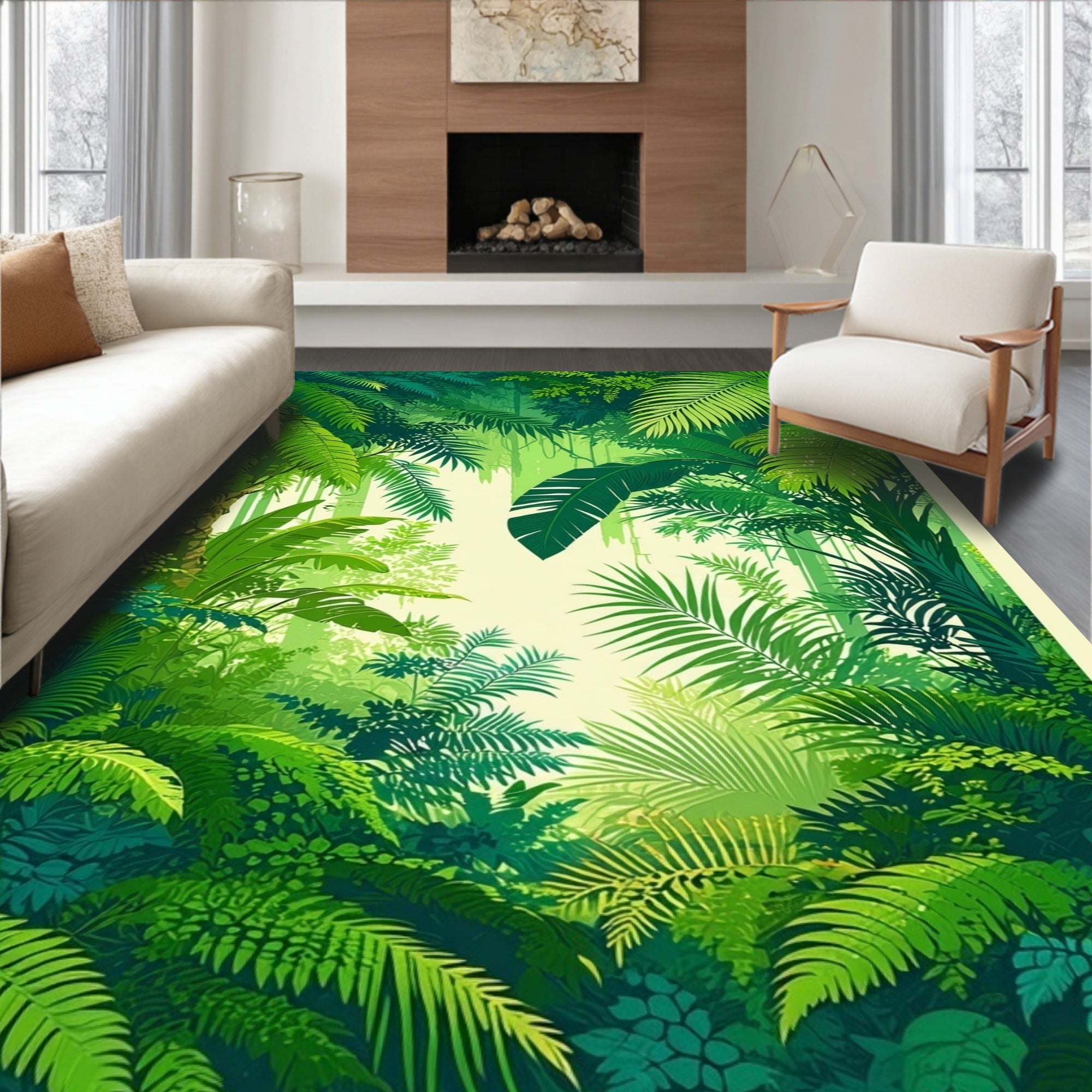 Lush Tropical Forest Leafy Pattern Rug