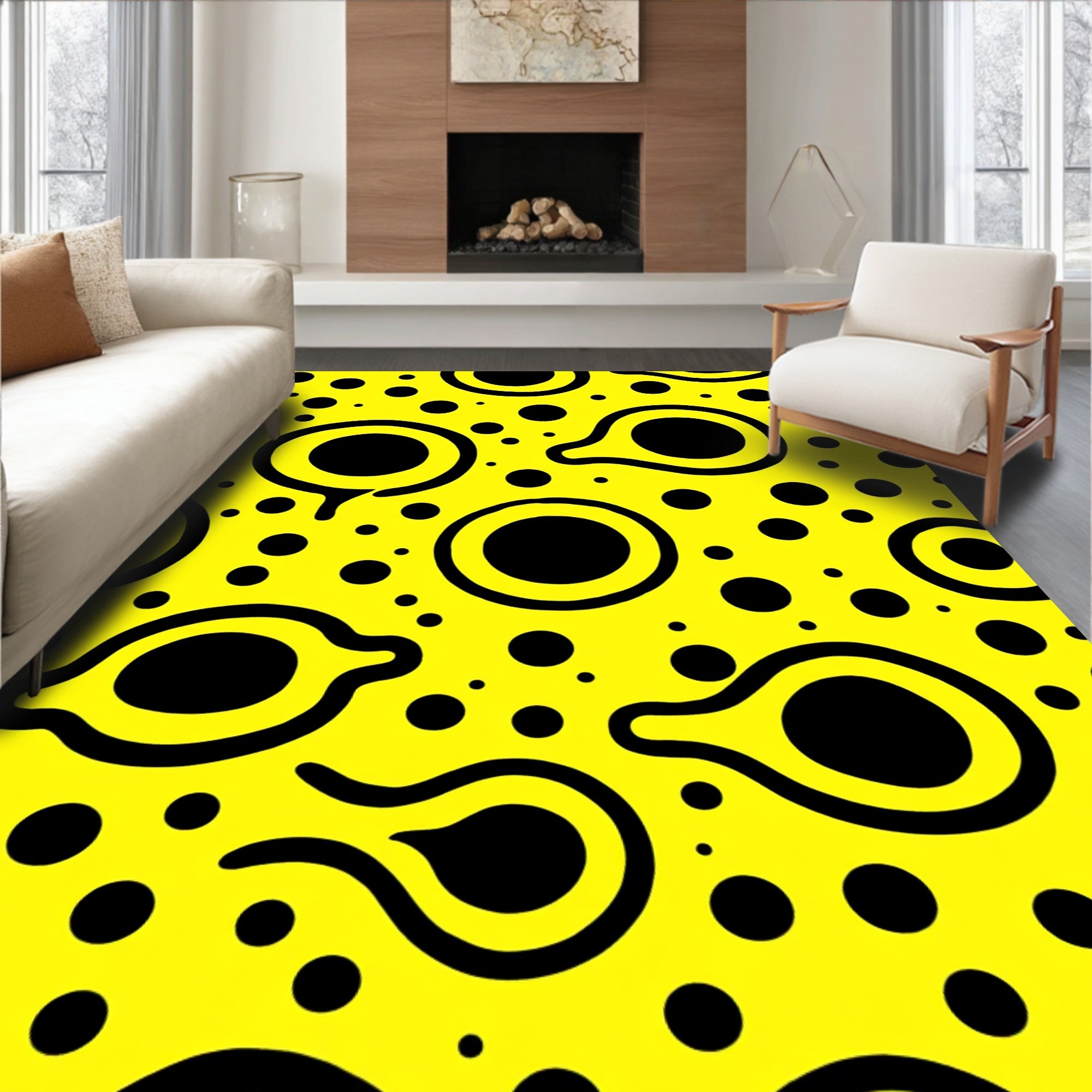 Bright Yellow Black Blob Pattern Rug