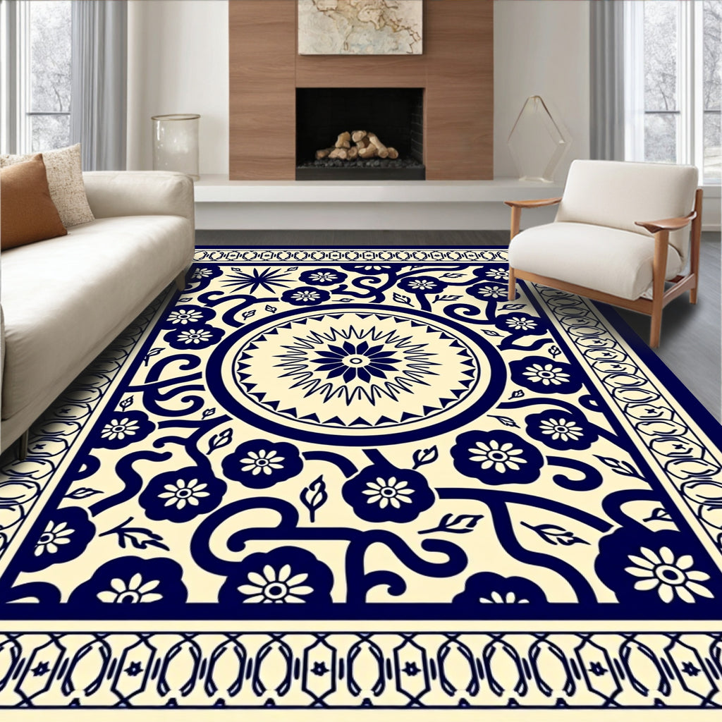Navy Floral Starburst Vine Motif Rug