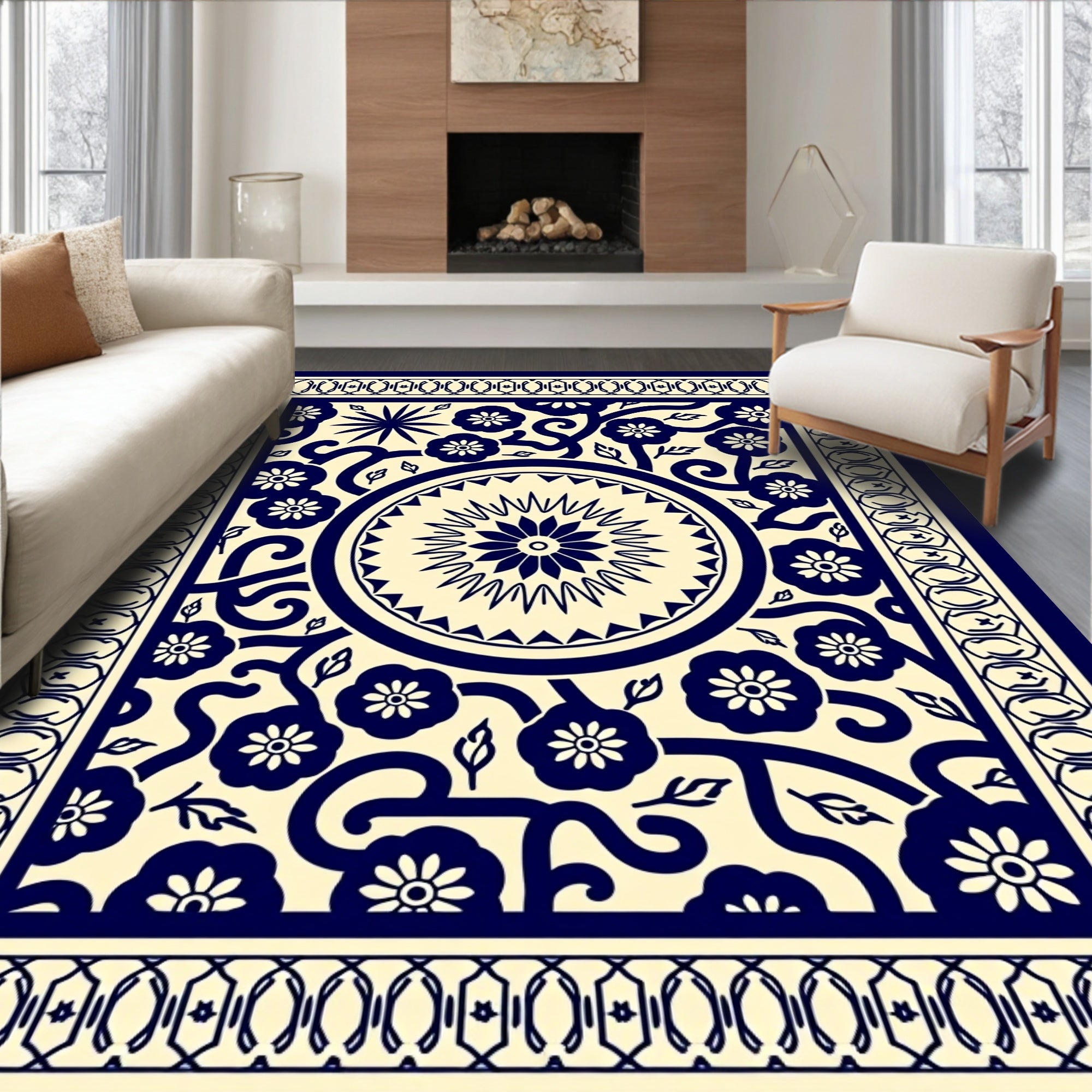 Navy Floral Starburst Vine Motif Rug