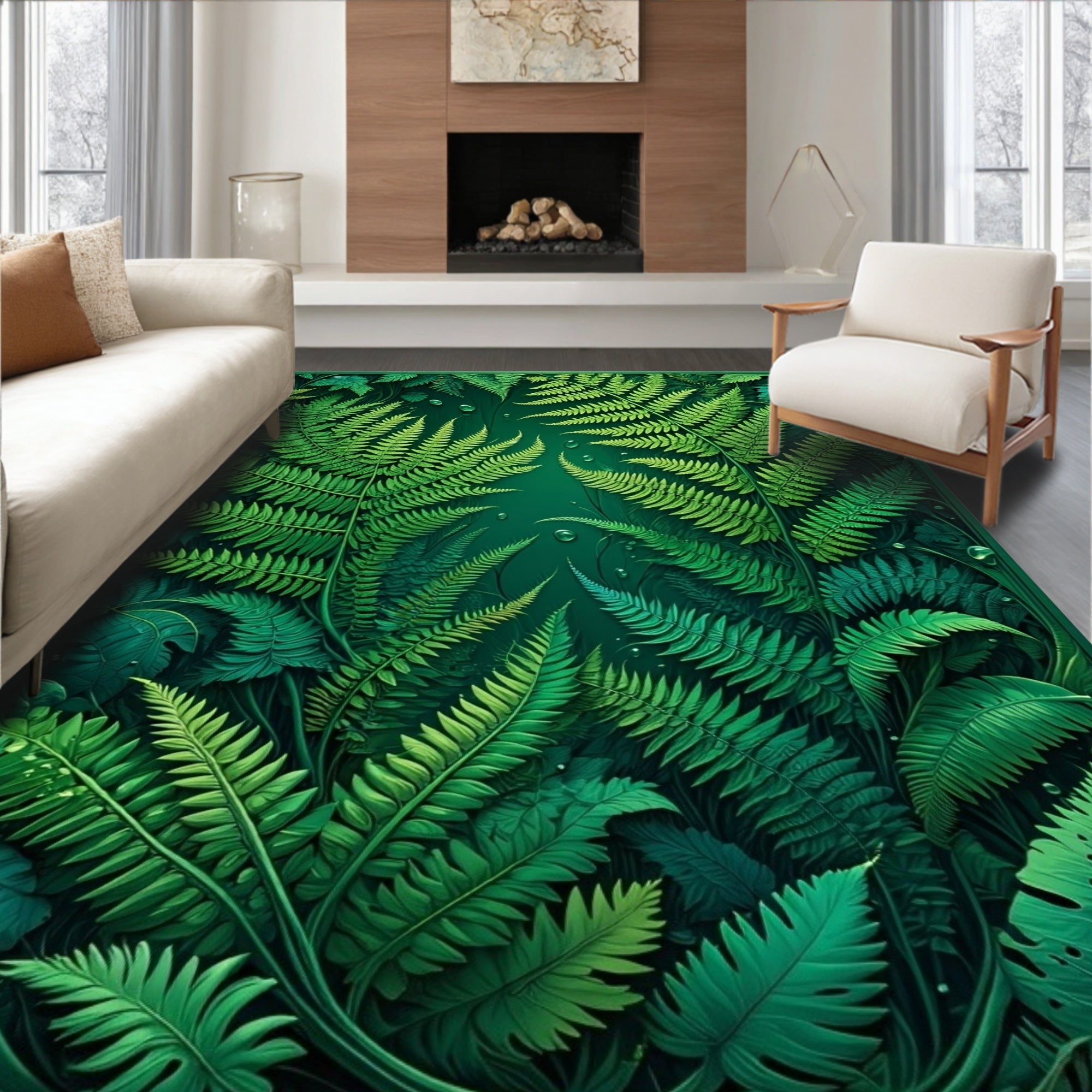 Vibrant Green Fern Leaf Pattern Rug