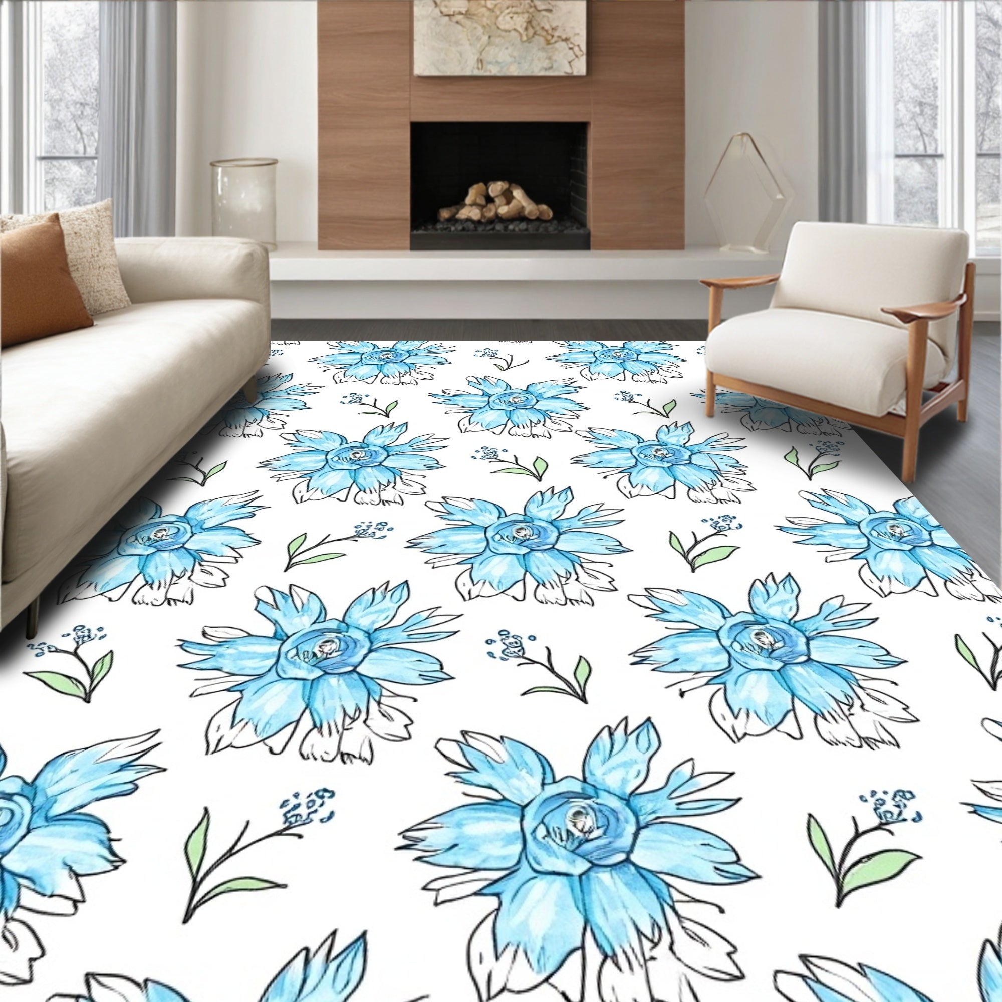 Light Blue Floral Sketch Pattern Rug